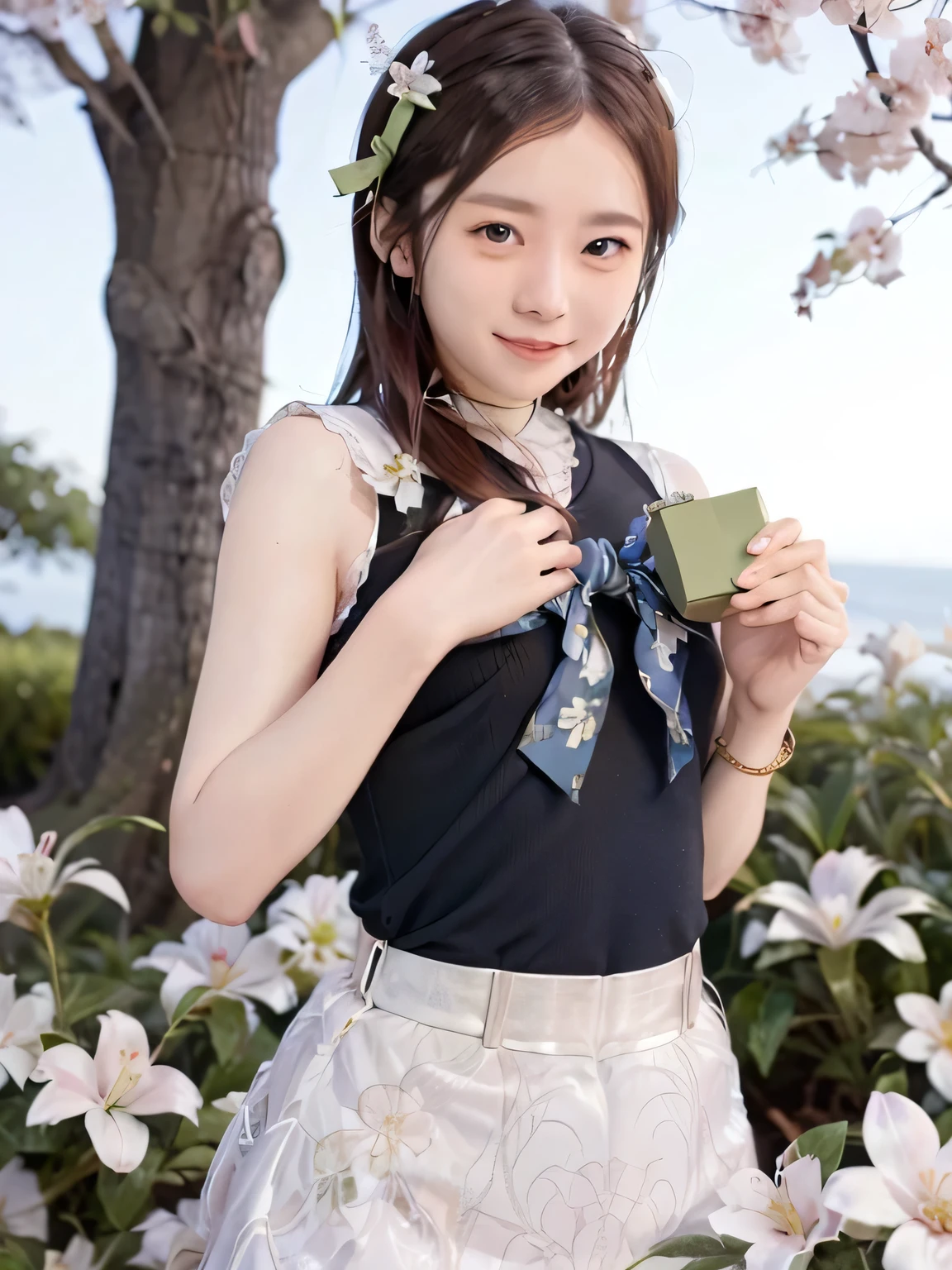 A stunningly beautiful 20-year-old woman stands in a lush green park full of cherry blossoms in full bloom under a clear blue sky. She is wearing a classic sailor uniform and holds a neatly wrapped gift box with a red ribbon in both hands in front of her chest. The box is small, wrapped in decorative paper, and tied with a bow. She looks very happy, with a radiant and joyful expression.A stunningly beautiful 20-year-old woman stands in a lush green park full of cherry blossoms in full bloom under a clear blue sky. She is wearing a classic sailor uniform and holds a neatly wrapped gift box with a red ribbon in both hands in front of her chest. The box is small, wrapped in decorative paper, and tied with a bow. She looks very happy, with a radiant and joyful expression.