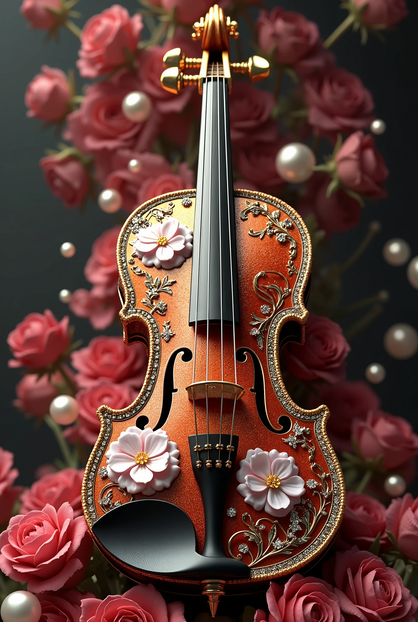 (absurdities,  high resolution ,   lighting is very detailed),  ornate violin , roses, pearl,  gold, diamonds,  Ultra photorealism , super thin, 8 k,Premium wallpapers ， Highest image quality，3d,C4D,Masterpieces of the Master， rendering octane 
