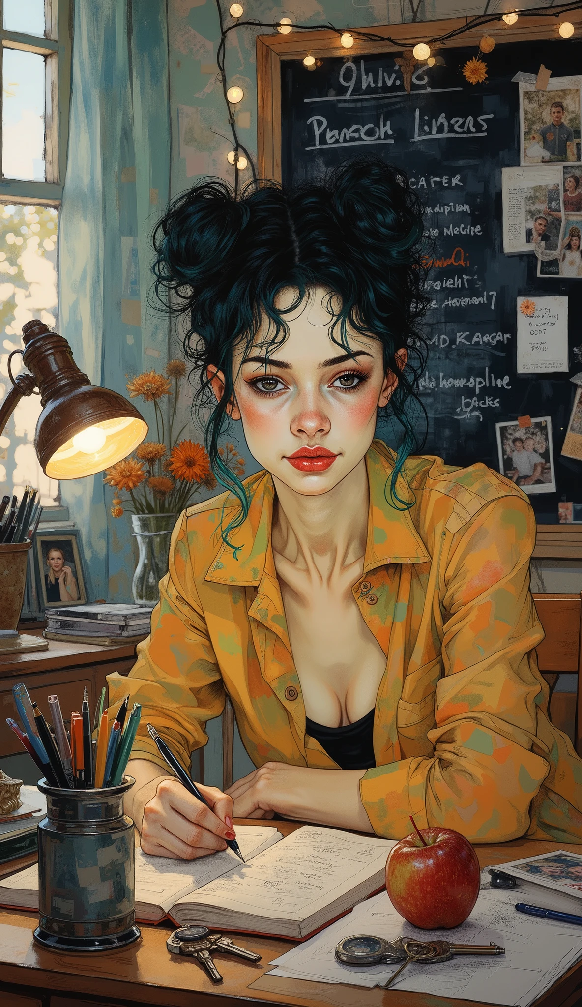 ((( Plan General :1.51) a general plan of a young woman clothes modern and fun , with loose black hair and cyan reflections , has part of her hair tied up in a slightly disheveled and fluffy bun , earrings with rings , red makeup and full lips , abundant and long false eyelashes , look at the sensual style of the woman sitting at a desk with a designer lamp to her left, writing in his notebook , on the desk there is a container with pens , pencils, , you can see keys a cell phone , An apple, In the background there is a blackboard , with photographs , And things written , a garland of lights and dried flowers , a curtain that moves with the wind , shade of the room faint , Beautiful comic art, neoartcore y charlie bowater , Charlie Bowater style , graphic artist artgerm , comic art style , lois van rossdraws, Charlie Bowater and Artgerm , graphic novel art , in Charlie Bowater style , beautiful artwork , Charlie Bowater art style , ( the best quality,4k,8K, High resolution, obra maestra:1.2), ultra detailed , sharp focus,( Realistic,photo Realistic,photo- Realistic:1.37), very detailed face , extremely detailed facial features ,hyper Realistic skin texture, extremely fine details ,intricate details, detailed eyes , Detailed nose , detailed lips , Detailed facial expressions ,Intricate facial anatomy, intense lighting, dramatic lighting , changing lighting , cinematic lighting , chiaroscuro lighting , dramatic shadows ,dramatic moments, vivid colors ,intense colors,Deep contrast, profundidad de campo cinematográfica , film composition , movie camera angle