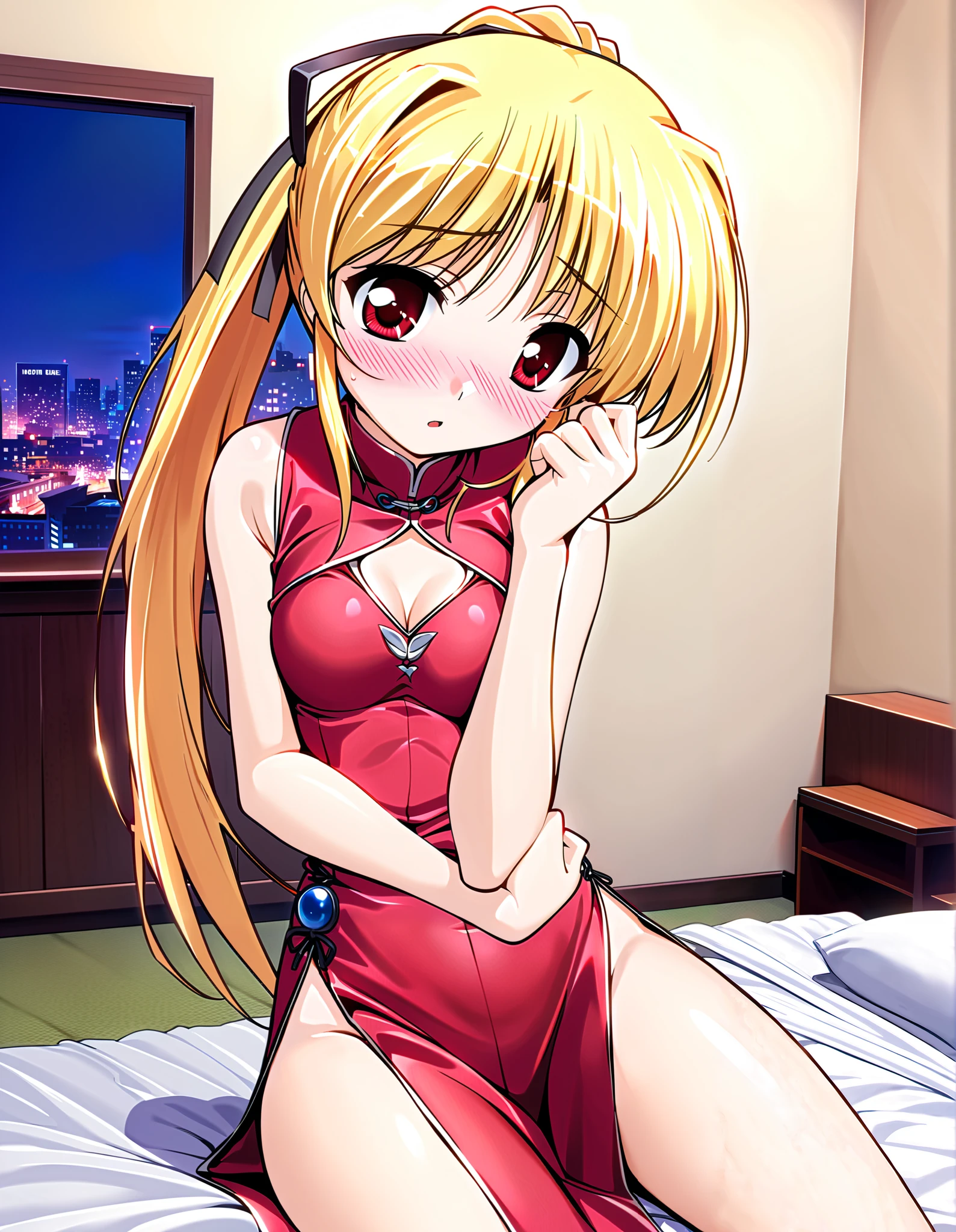 cynthia marguerite, Alone, (cowboy shot), blonde hair, red eyes, ponytail, long hair, hair ribbon,  Tiny Breasts , cleavage, (cheongsam dress), (Red cheeks:1.2), (shy:1.2), ( is fascinated:1.2), (bedroom), ( hotel:1.2),  score_9,  score_8_superior,  score_7_superior,  source_anime, (best quality:1.2), 細部までこだわったanime,  high quality , full color, 8k,  Hi-Res