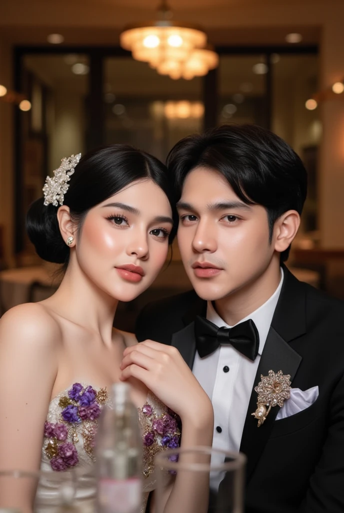 remaja tampan Indonesia berwajah korea, berambut model rambut berdiri ke atas,hitam, pakai pakaian jas hitam lengkap dengan sepatu, sedang bergandengan tangan seorang gadis cantik Indonesia seolah olah lelaki melamar pacarnya, wanita rambut pendek sampai rambutnya mengena bahunya. pakaian dres panjang warna merah berhias mutiara kecil, gadis tersebut tersenyum gembira melihat ke kamera, background di sebuah taman indah ada tanaman bu, gambar sangat jelas,nyata, realistis 64k