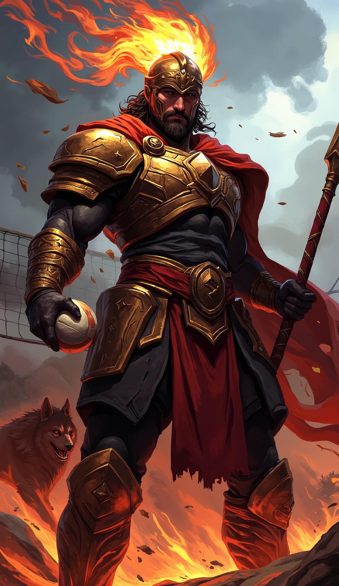 Ares greek god of war, greek golden-red armor, shining, aggresive look, full energy, strong, holding spear in one hand, in second hand holding, volleyball ball, wearing golden helmet with fire, behinh fire wolf, ((volleyball court in background)) (volleyball net))