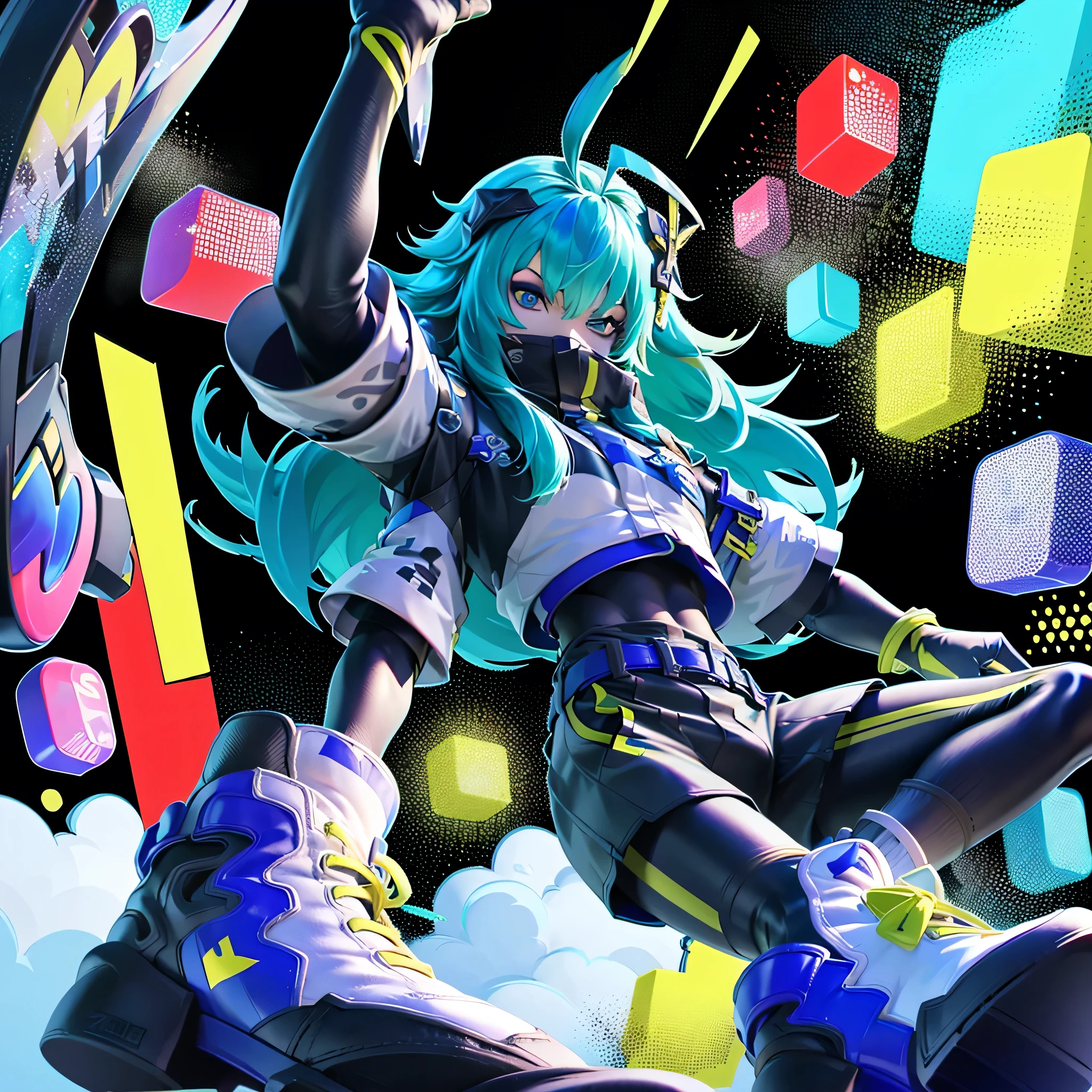 Zata S-Dreamer, (1boy:1.4), male focus, solo, long hair, very long hair, hair ornament, portrait, green hair, blue hair, aqua hair, ahoge, headgear, feathers, blue eyes, multicolored eyes, eyeshadow, hair between eyes, makeup, covered mouth, mask, mouth mask, black mask, high collar, bodysuit, jacket, cropped jacket, shirt, pants, black pants, short sleeves, gloves, black gloves, fingernails, claws, belt, zipper, pantyhose, boots, shoes, white footwear sneakers, glowing, power symbol, speech bubble, cube, patterned, neon trim, cat, simple background