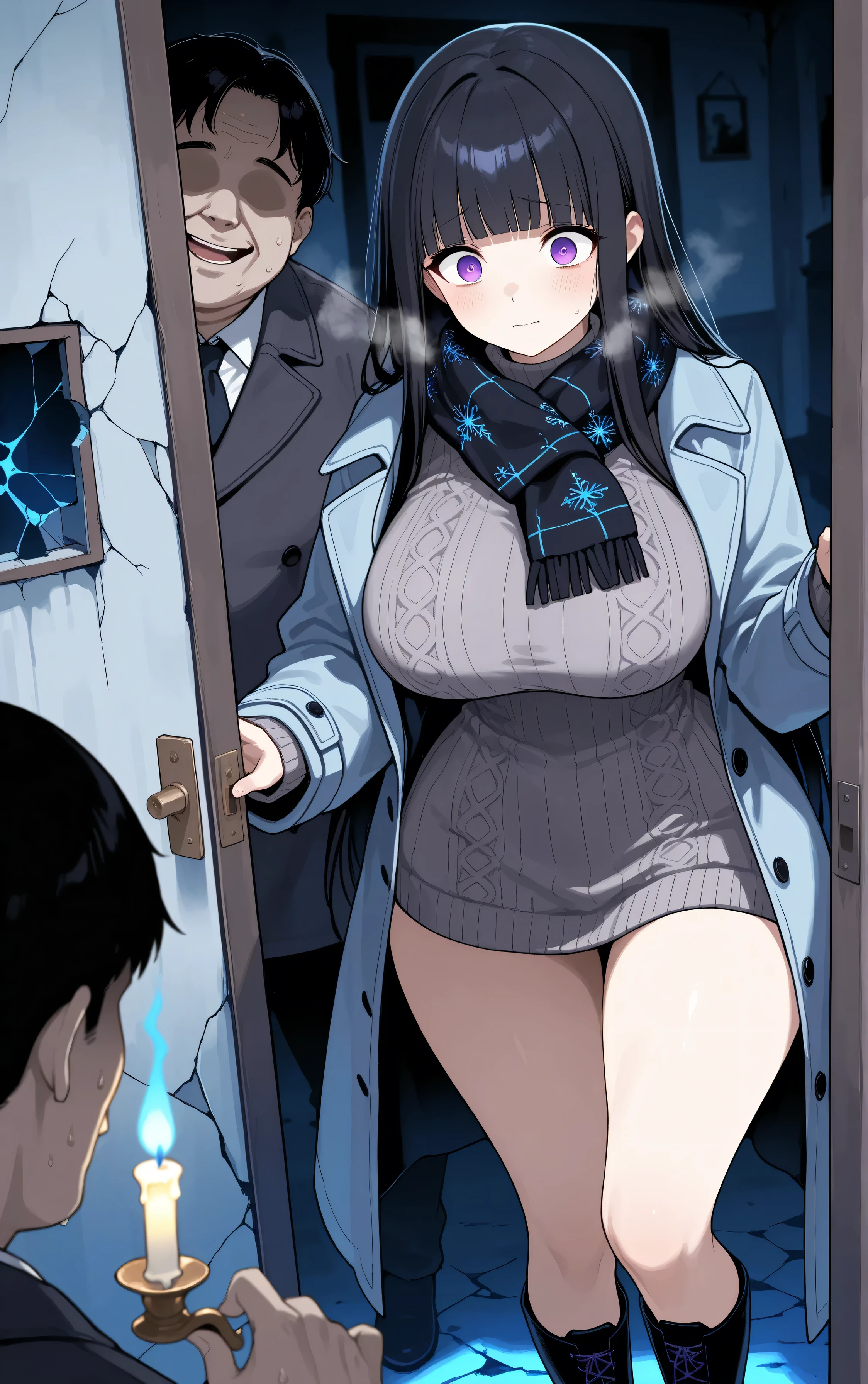 masterpiece, best quality, amazing quality, very aesthetic, 1girl, big breasts, (puffy nipples:0.7), wide hips, black hair, long hair, blunt bangs, purple eyes, vintage Gothic winter coat with intricate patterns, high-collared turtleneck sweater underneath coat, dark scarf loosely wrapped around neck, knee-high lace-up boots, abandoned haunted mansion setting at night, broken windows with faint moonlight filtering through, eerie blue glow illuminating the room faintly, cobwebs and peeling wallpaper in the background, visible breath in cold air inside the mansion, flickering candlelight casting ghostly shadows on the walls, faint ghostly figures barely visible in the background, scared and uneasy face with flushed cheeks from fear and cold air, 1boy, ugly man, (peeking:1.1), faceless male character hiding behind a cracked doorway or broken wall, depth of field.