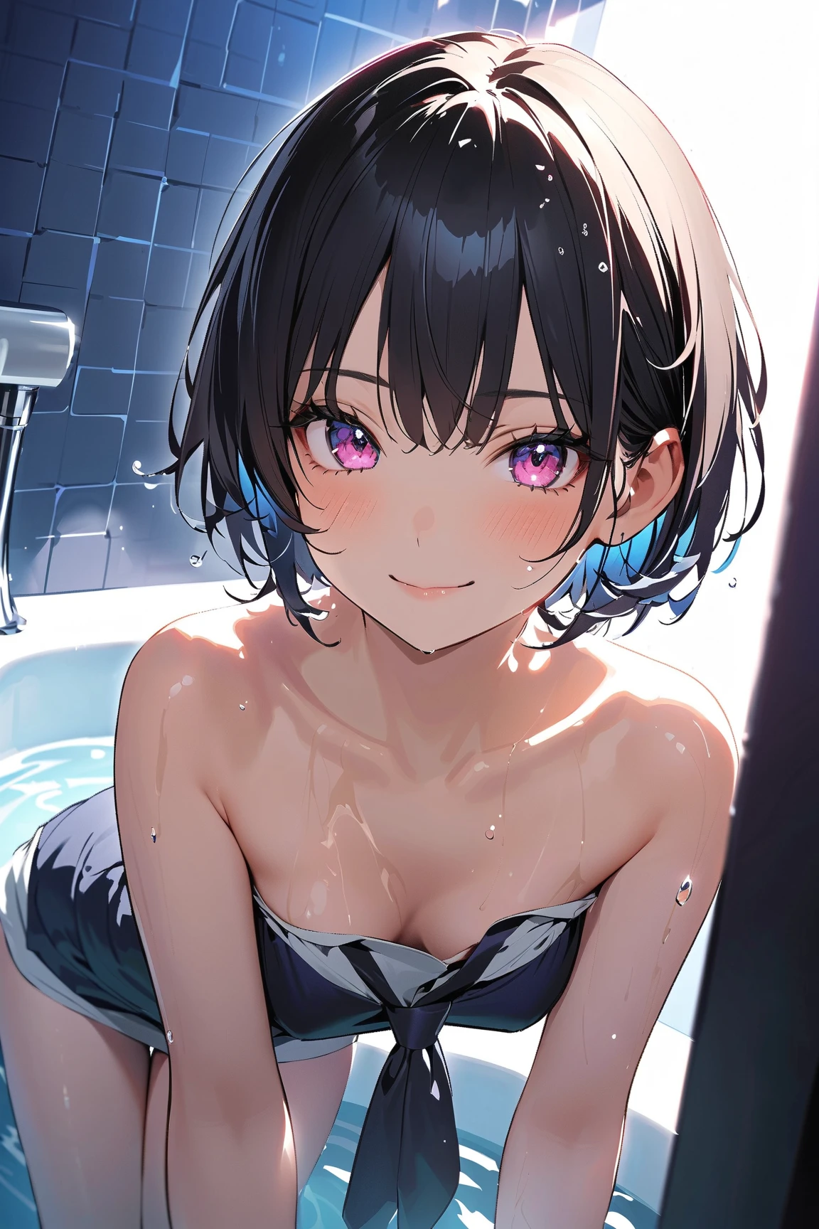 masterpiece, highest quality, ultra high resolution, (realistic photo: 1.4), ((1 girl, pale white skin: 1.4, kneel down, From above, looking up at the viewer, close up of face, 19 years old, cute, cute, black hair, game, short hair with bangs, big breasts: 1.6)) (bikini swimwear: 1.3, Blue and white two-tone swimsuit, Glossy shiny swimsuit, Glossy shiny swimsuit, Shiny swimwear with reflective surfaces, soaking wet body: 1.2) (portrait of famous japanese actress), (smile, Happy, Joyful, Hilarious, close your mouth), (chest between chest and arm), highly detailed eyes, ((((really pure white background, no background)))), long neck, (short hair with bangs)))), eyelash, Big eyes, (so beautiful, so beautiful)), ((((Natural light))))