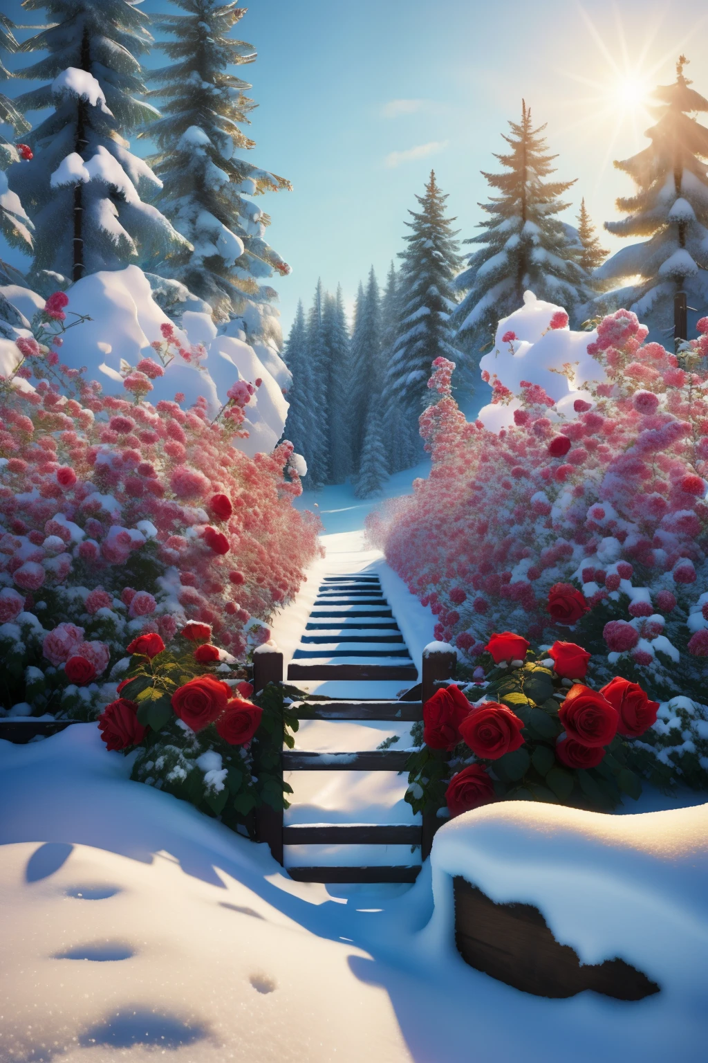 Roses grow on a fence in the snow , with frozen flowers around it , Alexey Egorov, white and red roses \n\t\r, beautiful and aesthetic , with soft bushes, roses in cinematic light , author: Kikukawa Sakaeyama , , author:Alexander Deneka , outlet, heavy winter aesthetic , beautiful image , Maxim Sukharev