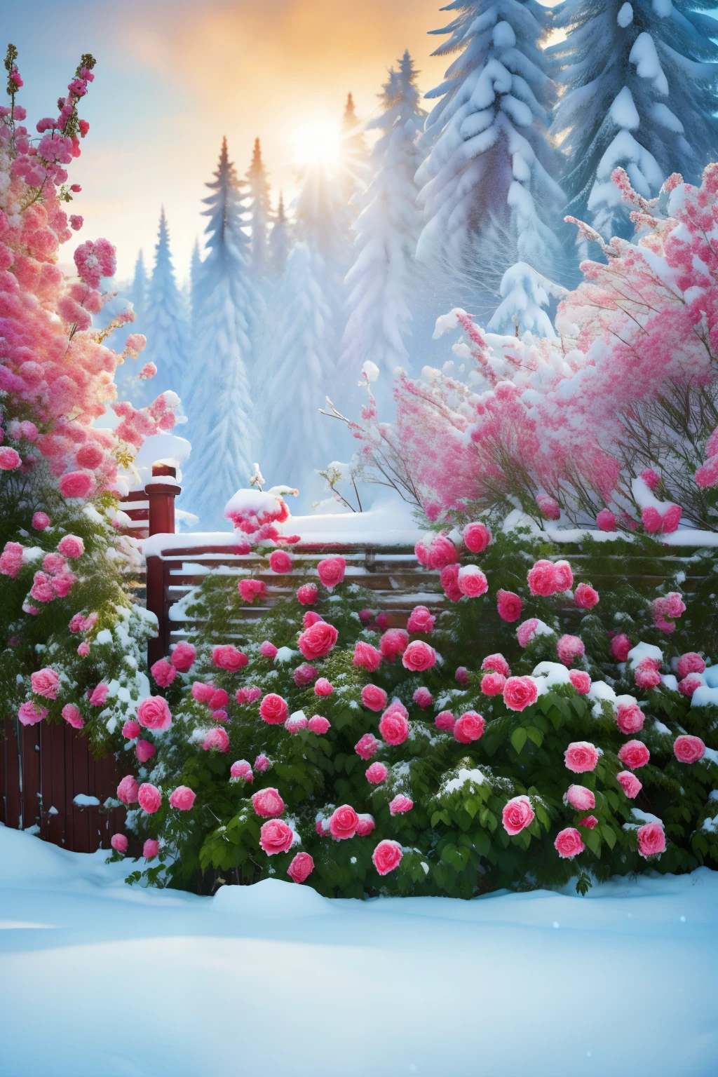 Roses grow on a fence in the snow , with frozen flowers around it, Alexey Egorov, white and red roses \n\t\r, beautiful and aesthetic , with soft bushes, roses in cinematic light , author: Kikukawa Sakaeyama , , author:Alexander Deneka , outlet, heavy winter aesthetic , beautiful image , Maxim Sukharev