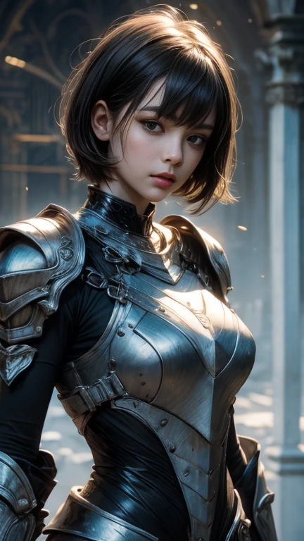 NSFW((masterpiece)), (((Best Quality))), ((Ultra-detailed)), (extremely detailed photo), ((extremely delicate and beautiful)),(Cute delicate face), (A 17 years old very dignified girl),(silver and black full armor) ,holding a glowing weapon,(Castle ruins in the evening background),solo, short hair ,double eyelid,delicate skin,slender body shape,