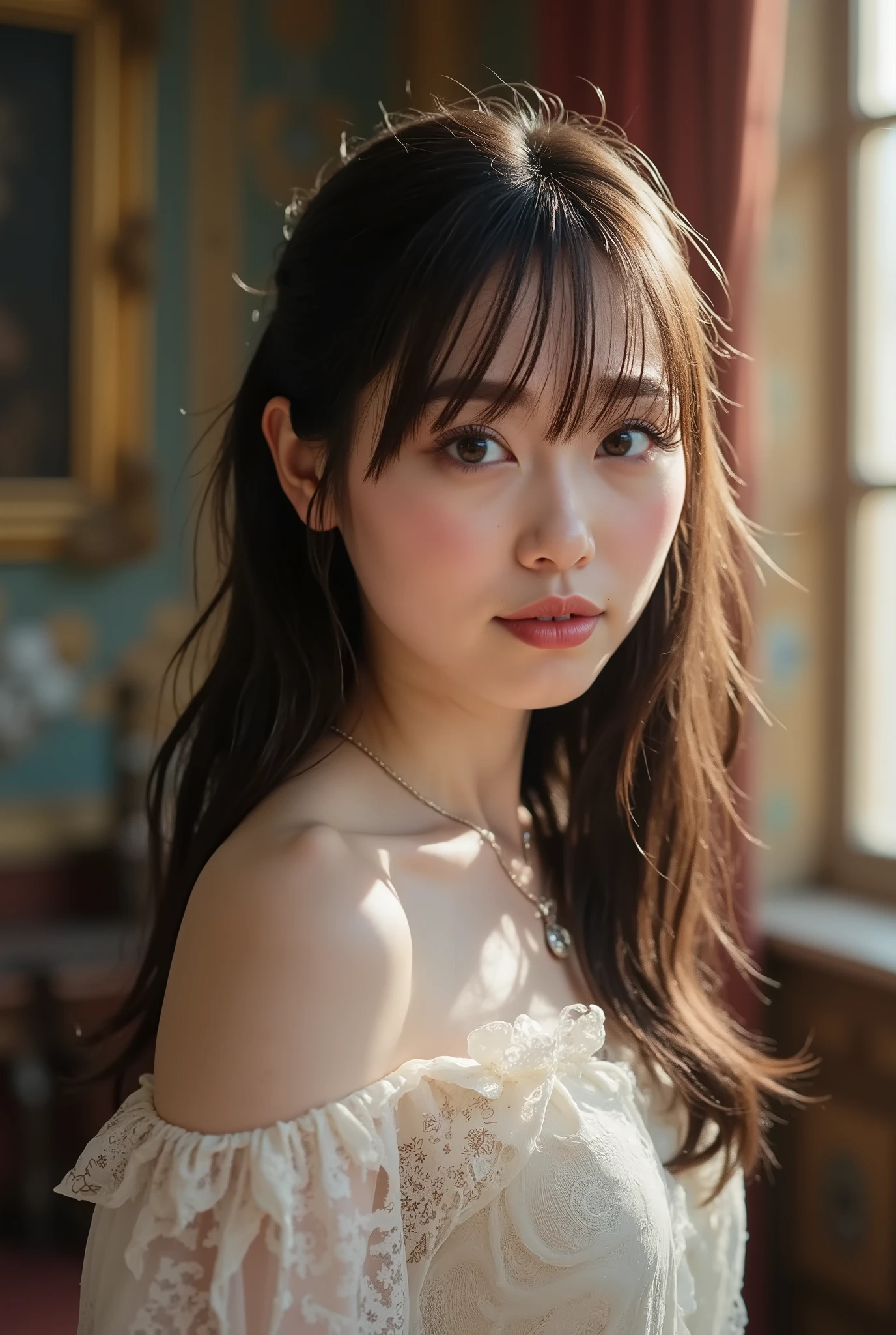 Masterpiece, top quality,16k,8k, beautiful, ultra high resolution, super quality, beautiful face, OFF SHOULDER,In an antique room with the morning sun shining in,Cinema Lighting,smile, superior,blunt bangs,Put one hand behind your head, upper body