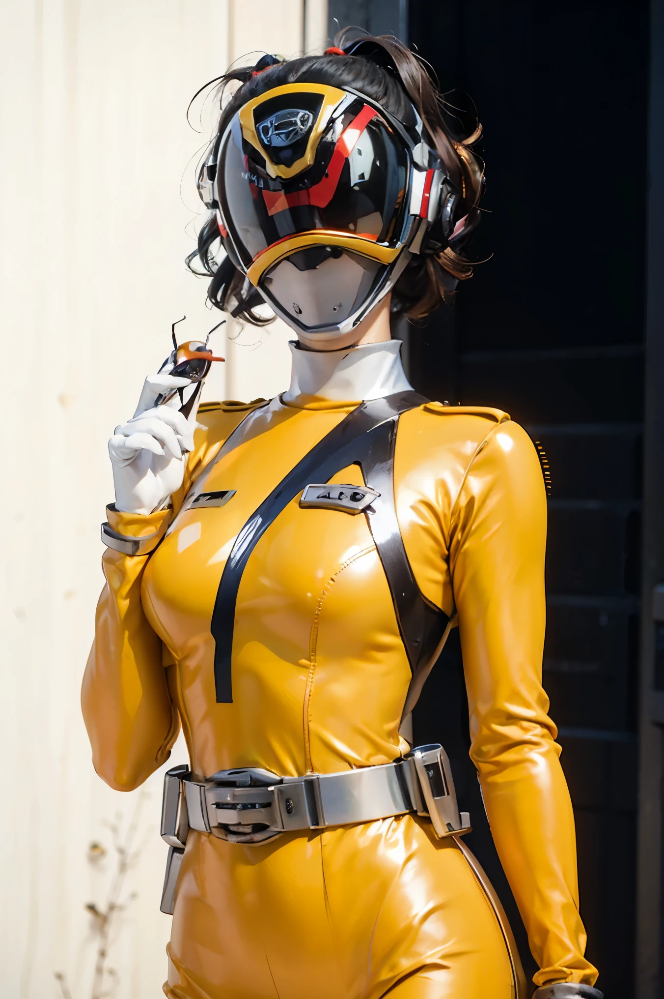 baby black skin tone, black curly hair, dark brown eye, yellow dress with flowers, holding a ladybug in hand, silver background, 8k, 3D. , power suit, powerranger, suit, spd, (Power ranger suit), gold detail, masked,