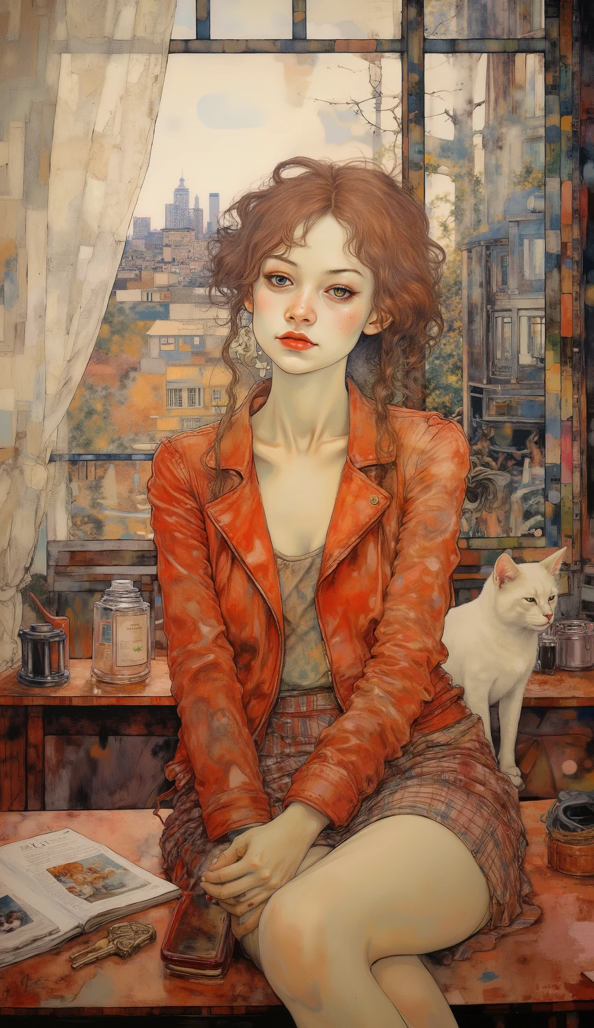 Hyperrealistic young girl lying in the I usually hold my face with both hands on the sides of my chin, her long wavy blond hair falls on her shoulders , is wearing shiny red lips , long false eyelashes , flickered brightly , She is wearing a red leather jacket , a plaid miniskirt , Red and Black , her feet are crossed , on the floor is her cell phone , a magazine you are reading , keys to her car , behind a large window with a beautiful landscape , white curtains that move in the breeze , a white cat poking its head in her arms , looks at the camera sensual way and with a complicit and sensual smile , with a cell phone in her hand , artwork in the style of Guweiz , anime vibes, Alice X. Zhang, ilya Kuvshinov with long hair , artistic style loish , guweiz, anime aesthetics, inspired by Yanjun Cheng, anime ciberpunk, disturbing art style , digital anime illustration , loish y ross tran