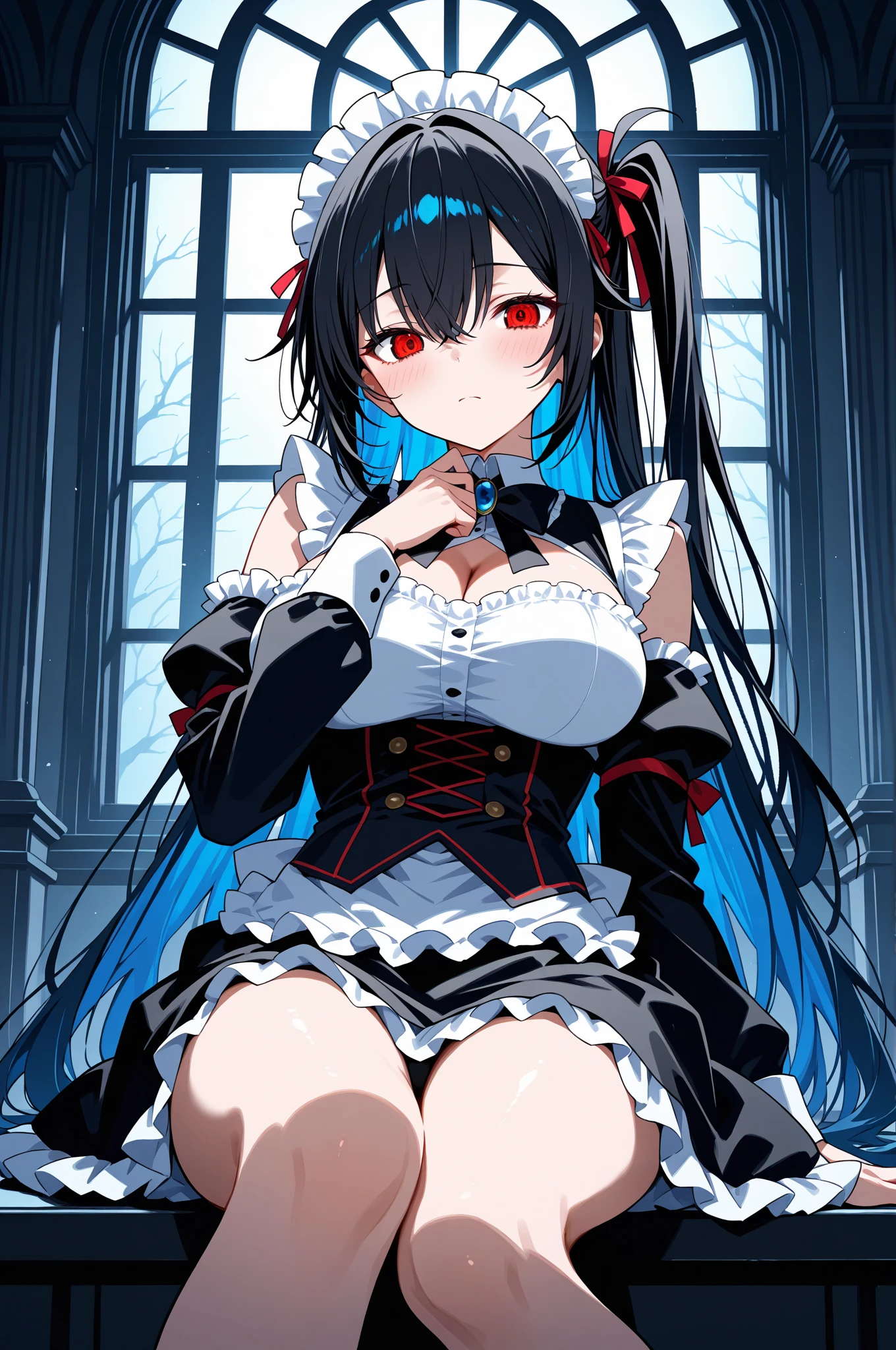 <lora:tsunako-05:1>noire, black hair, long hair, twin tails, red eyes, bare shoulders, cleavage, detached collar, detached sleeves, blue ribbon, frills, pleated skirt, smile, sitting, masterpiece, best quality