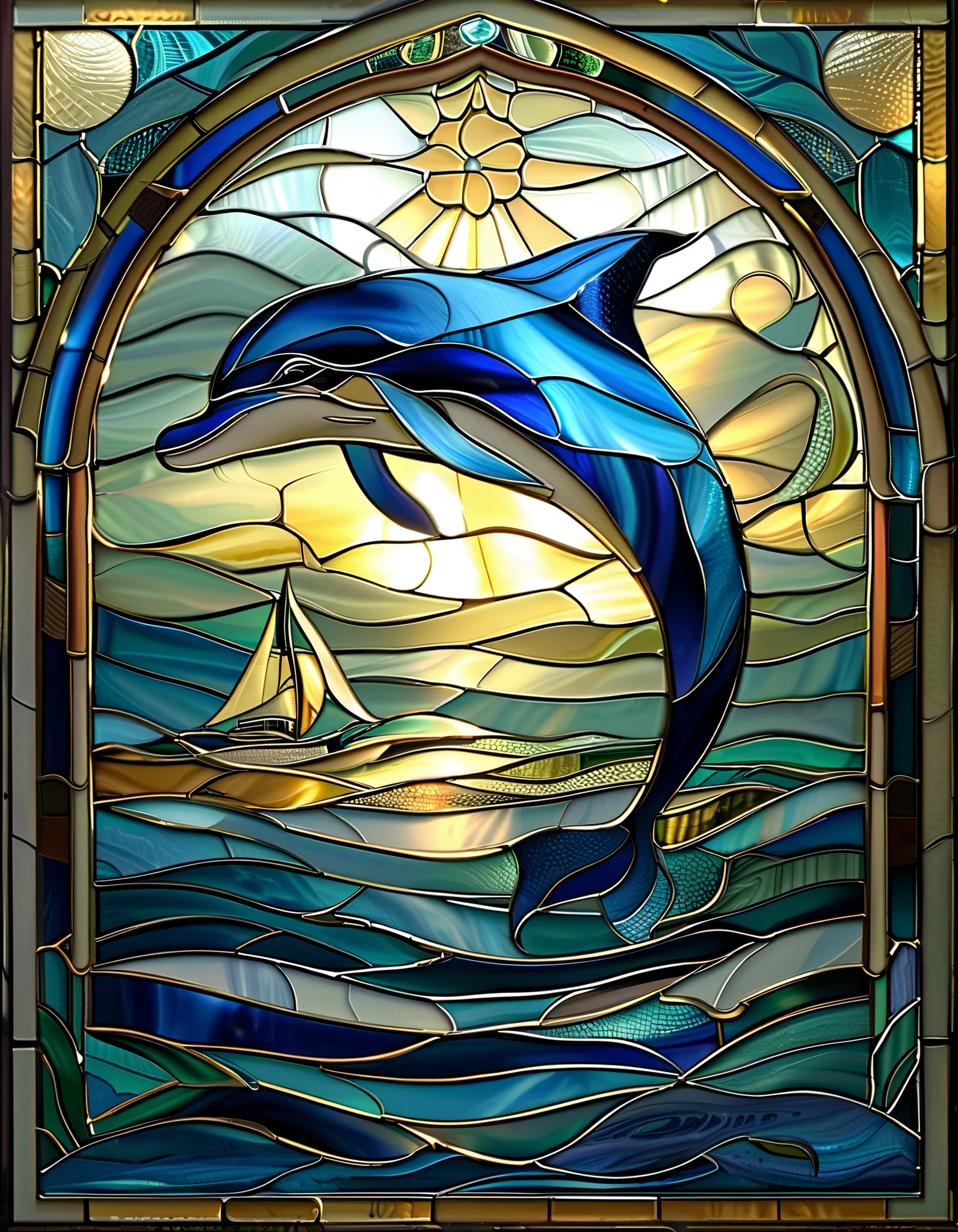 Backlit stained glass, one big blue dolphin, stained glass art, stained glass, stained glass, stained glass! Mysterious cathedral window, sea, top quality, super detailed, photo by pixabay contest winner