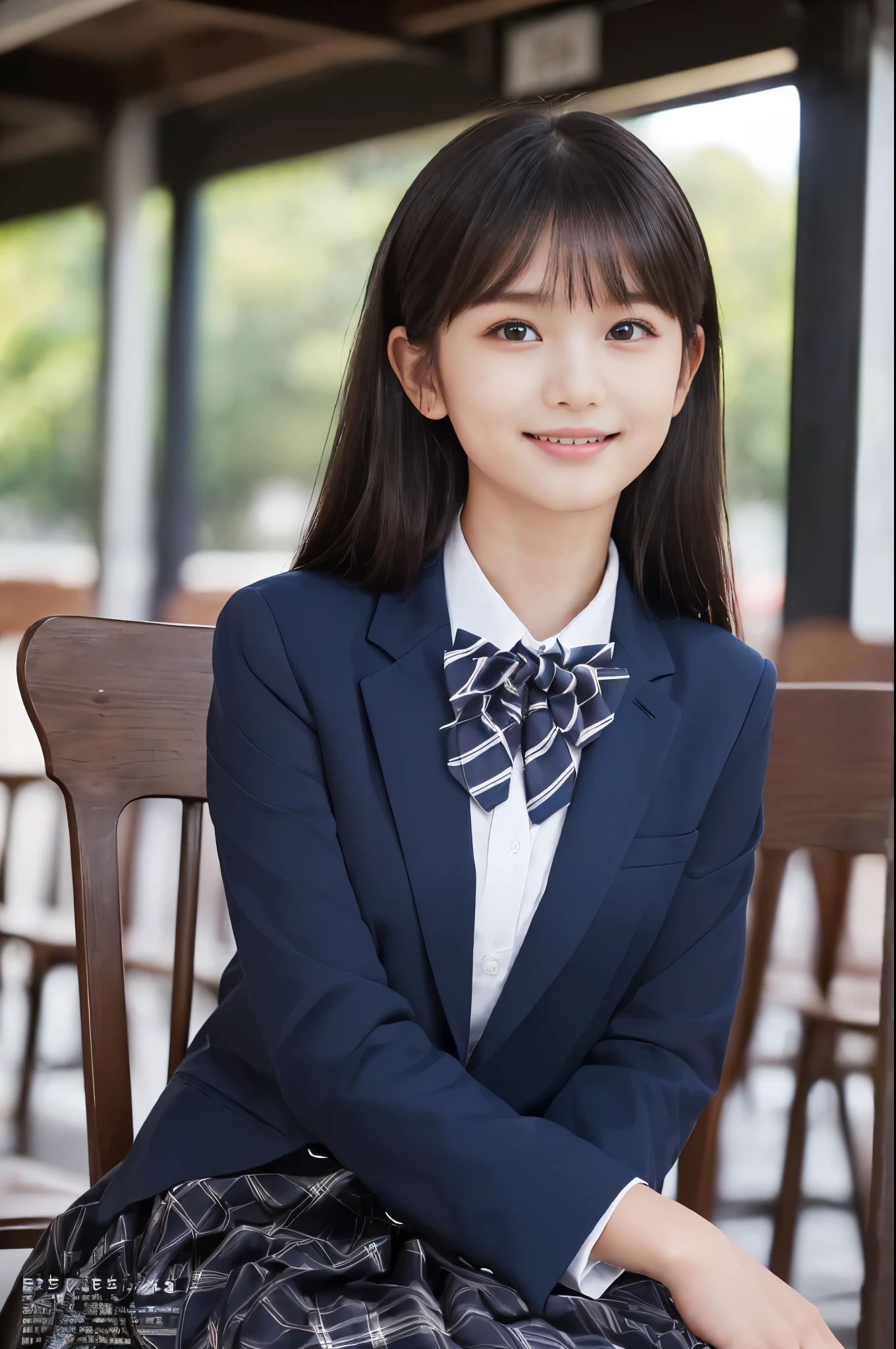 ( top quality,  Masterpiece:1.2),  top quality,  is present,  photos,  high resolution, 1080P, 8k,  physical rendering , ((: 158cm)),   Japanese Girl、((((((A beautiful -yeld faon model from a Japanese fashion magazine is staring straight into the audience)))))), ((( x} beautiful dark brown eyes that are large and very detailed))), ((((Laugh at me!)))),  Fine fingers , (((Short, curly bangs))), ((((Very noble and pretty eyes,  meticulously drawn )))), (( double eyelids)), (((long eyelashes))), ((Cute adorable smiling cheeks)), ((Pure white light hits my nose and cheeks.  Her eyes and white face shine beautifully white .)), ((((( Her facial features are very expressive and has a nice smile , so sweet, Very very clever))))), (((( impressive plain dark blue large student bow tie solid color )))), ((((black, very beautiful and very long hair )))), (red and navy plaid formal long pleated skirt), ((( a slightly larger dark blue solid blazer with a gold crest 、It has a gold crest))), (( graceful like a noble princess )), ((Sitting on a chair on the platform of a rural station)), ((Full body shot from the side))