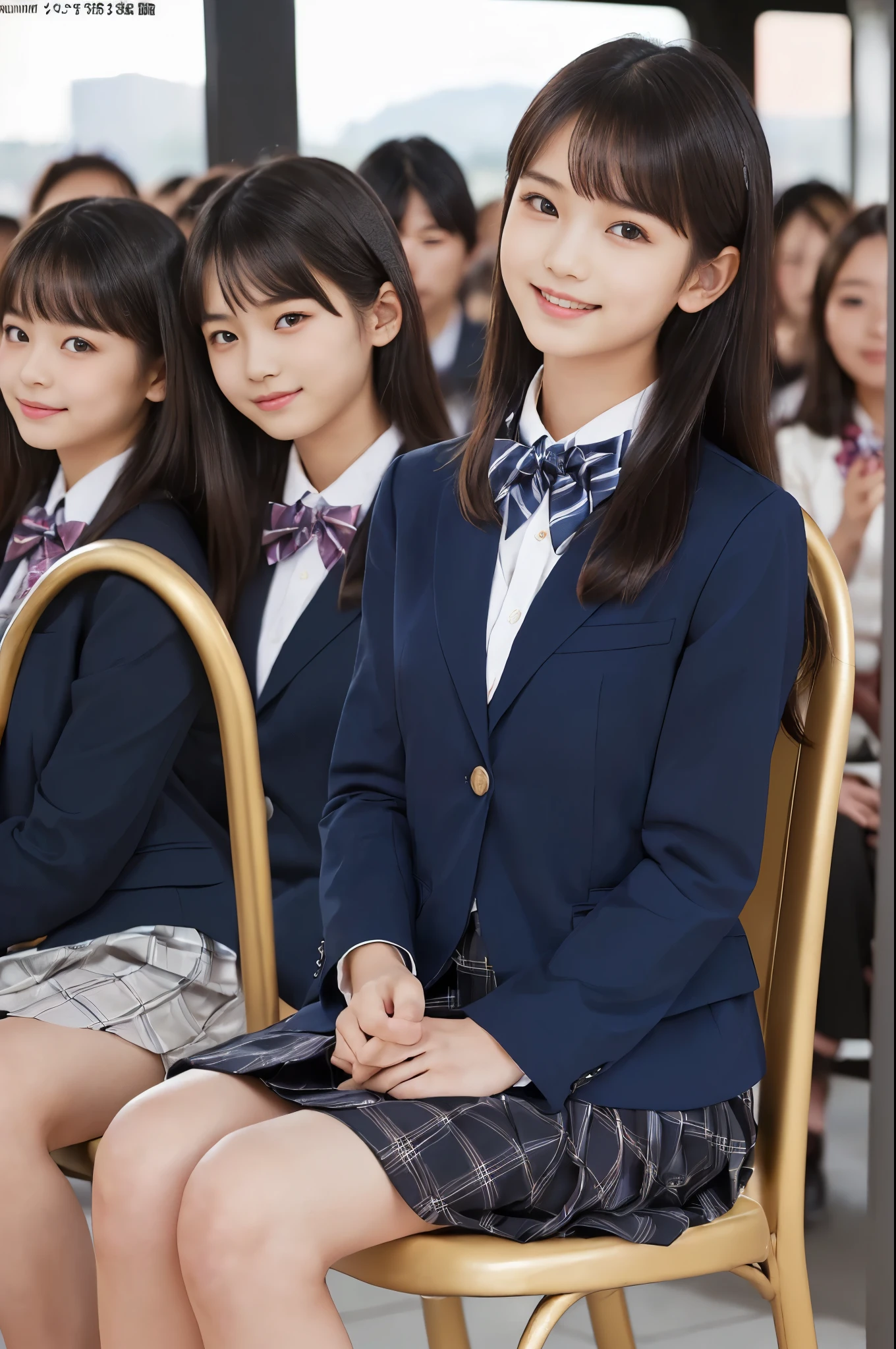 ( top quality, Masterpiece:1.2), top quality, is present, photos, high resolution, 1080P, 8k, physical rendering , ((: 158cm)), Japanese Girl、((((((A beautiful -yeld faon model from a Japanese fashion magazine is staring straight into the audience)))))), ((( x} beautiful dark brown eyes that are large and very detailed))), ((((Laugh at me!)))), Fine fingers , (((Short, curly bangs))), ((((Very noble and pretty eyes, meticulously drawn )))), (( double eyelids)), (((long eyelashes))), ((Cute adorable smiling cheeks)), ((Pure white light hits my nose and cheeks. Her eyes and white face shine beautifully white .)), ((((( Her facial features are very expressive and has a nice smile , so sweet, Very very clever))))), (((( impressive plain dark blue large student bow tie solid color )))), ((((black, very beautiful and very long hair )))), (red and navy plaid formal long pleated skirt), ((( a slightly larger dark blue solid blazer with a gold crest 、It has a gold crest))), (( graceful like a noble princess )), ((Sitting on a chair on the platform of a rural station)), ((Full body shot from the side))