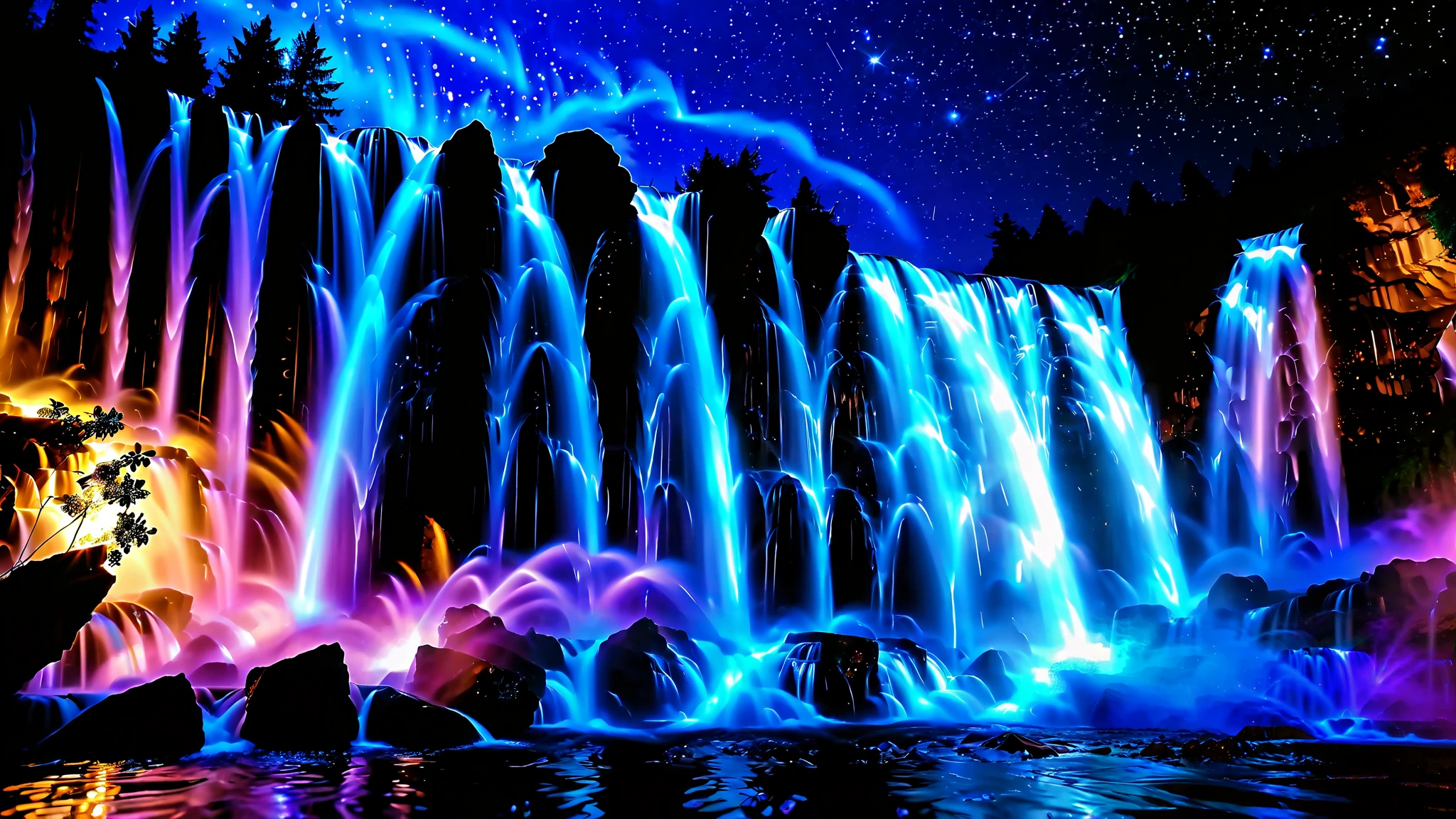 250207 Black Butterfly 32K Resolution Masterpiece , Top Quality , very detailed, realistic expression, high-resolution 32K wallpaper , shot with a fisheye lens , The flow of many layers of waterfall , Niagara Falls , spectacular scale ,A very high waterfall with ,Bird's Eye View, very detailedな特徴, Amazing Details . spectacular waterfall that falls directly from the starry sky , falling on metal , shining cliff surface . sparkling blue and purple water , Holographic Streams Intertwine . bioluminescent flowers and trees 々 shining at the bottom of the valley 々 magazine in photos , Its Leaves Reflect the Light of Water . floating light that envelops the scene , mysterious addition , creates an otherworldly atmosphere ., } countless stars in the background 々 and galaxy clusters ,Mysterious charm, mystical atmosphere , fantastic atmosphere with splashes of water ,