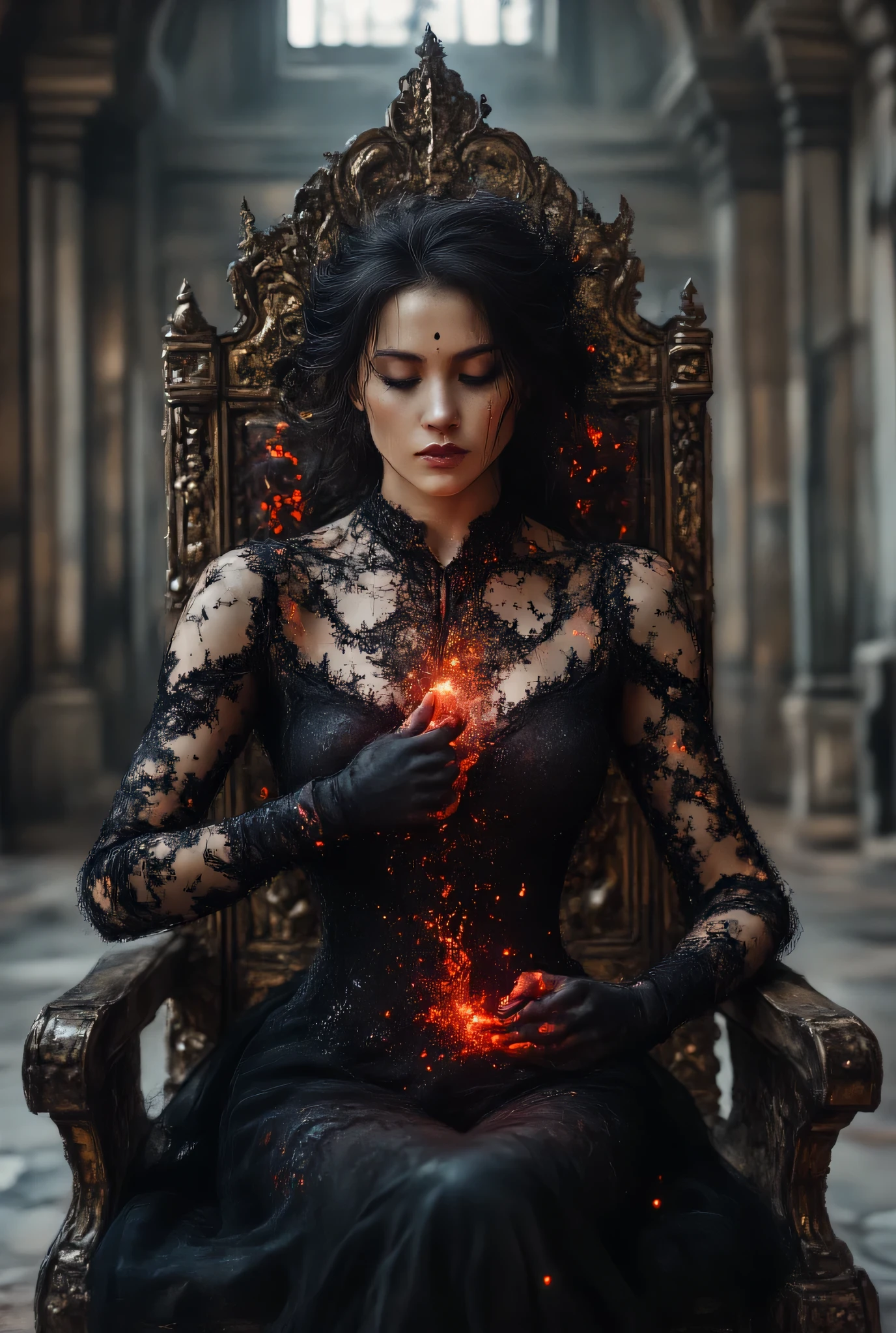 Love Beyond Time, High Quality, Gothic Horror, One Girl, Solo, Beautiful Woman, Queen of the Night, Black Empress, Long Black Hair, Long Eyelashes, Piercing Gaze, Narrow Face, Mole Under Eyes, Moist Lips, Slim Body, Medieval European Black Dress, High Neck, Choker, Long Sleeves, Lace Gloves, High Heels, Black Veil, Empty Hall, Sitting on the Throne, (a realistic atri of a Woman with luminous Blood Magic in her Hand: 1.2), view of the Front Woman sitting on the throne,