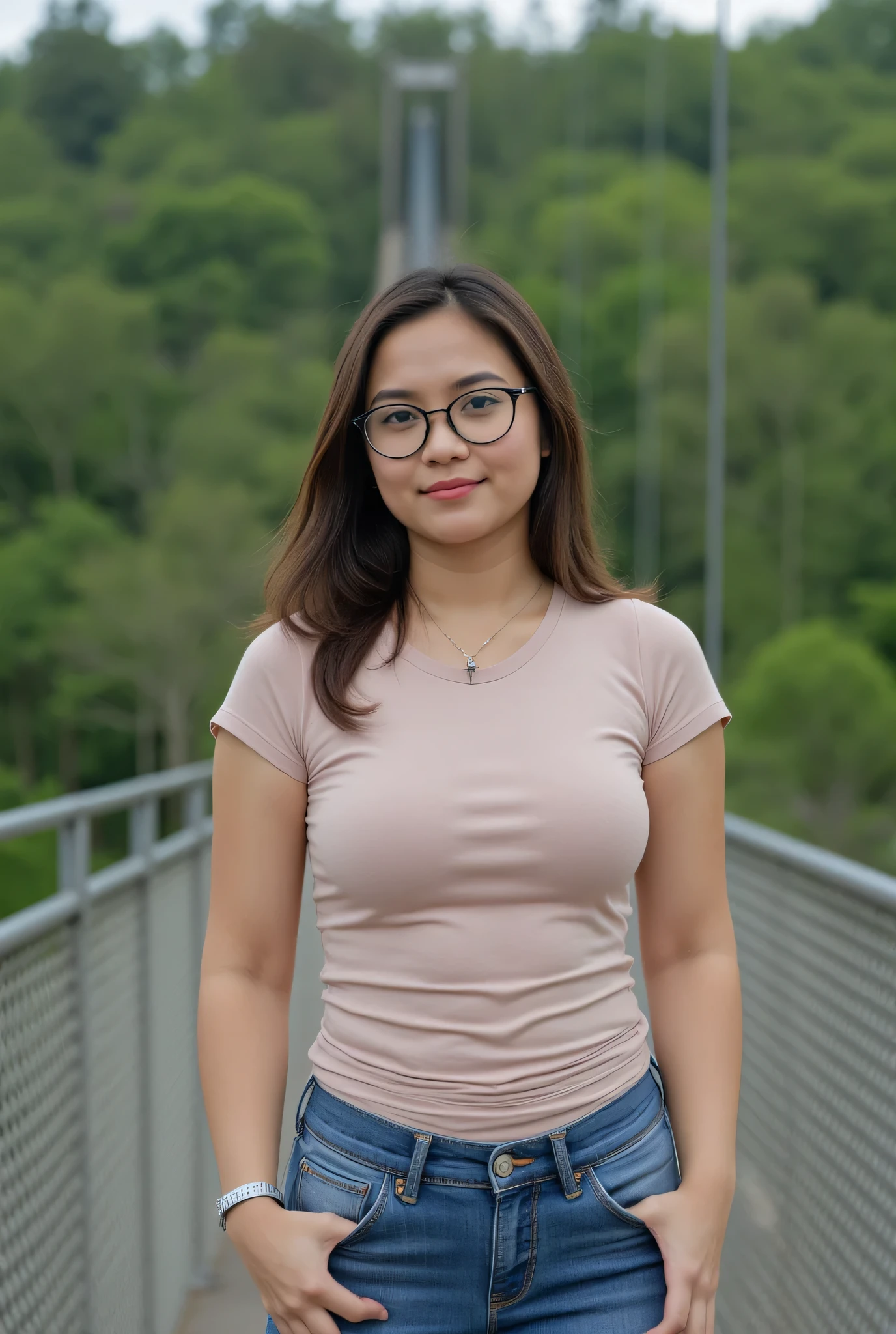 Beautiful Indonesian woman, brownish black hair parted to the side, round oval glasses, wearing a necklace, small watch, brown skin, no make-up, wearing a tight t-shirt tucked into jeans, weight 55kg, big waist, on a suspension bridge, forest view, 4K, HDR, high resolution.