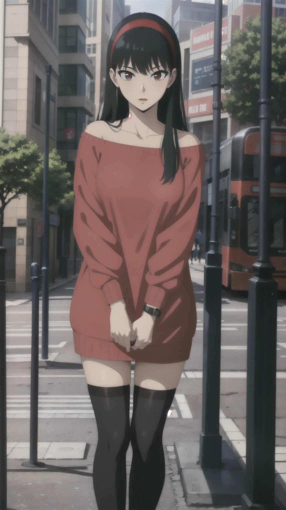 View your viewers,alone,
Yoforger,One girl,
Black Hair,Long hair short hair,
White hair band,
Off the shoulder,Red sweater,
Black Pantyhose,
boots,Torn clothes、NSFW、tits、Nipples、
city,Natural light,Outdoor,(Tucked up、tits丸見え、belly button、Nipples)、sad