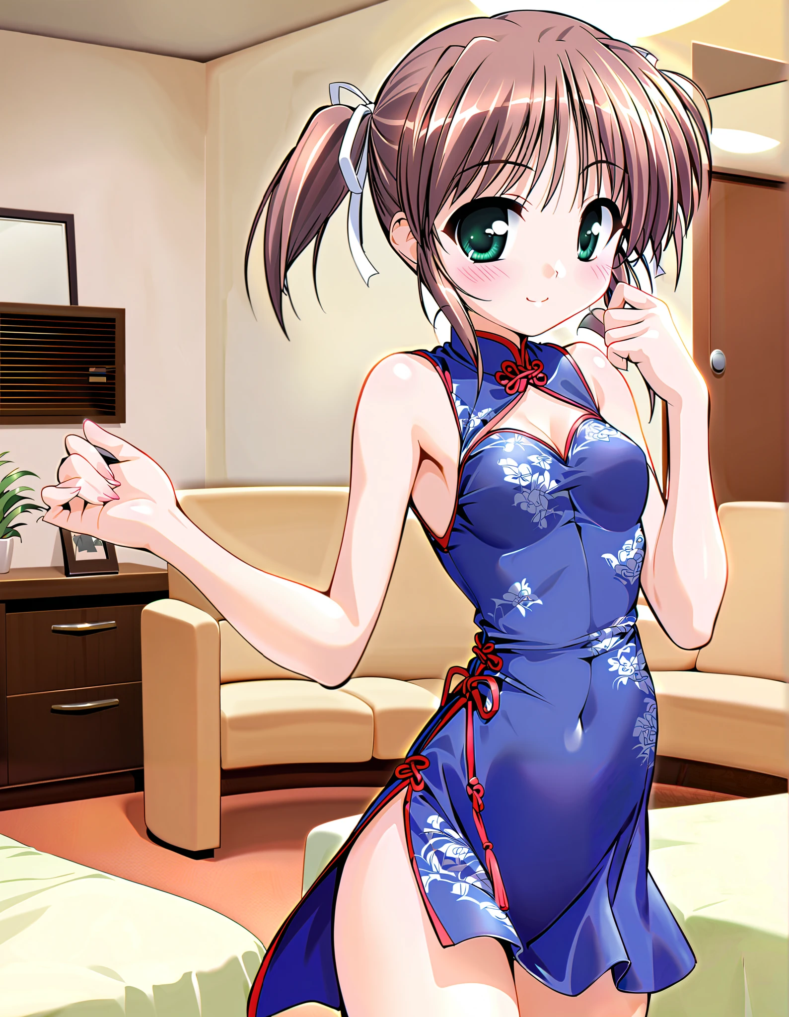Asagiri Mai, Alone, one girl, (cowboy shot),  brown hair at the gym, short hair,  hair ribbon, twintails,  green eyes,  Tiny Breasts , cleavage, (cheongsam dress), (Red cheeks:1.2), (bright smile:1.2), ( cute pose), ( hotel:1.2),  score_9,  score_8_superior,  score_7_superior,  source_anime, (best quality:1.2), 細部までこだわったanime,  high quality , full color, 8k,  Hi-Res