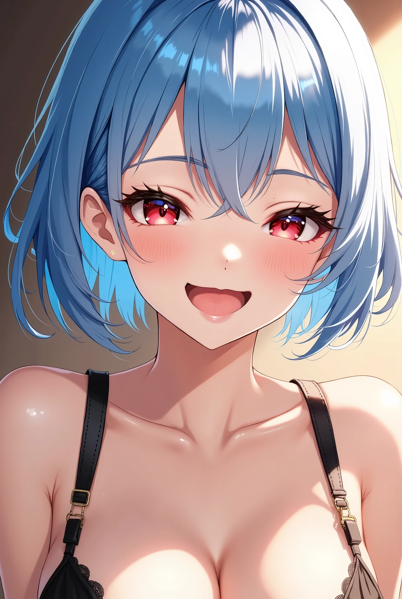 beautiful girl, (A woman with radiant skin:1.6, Red Eyes, shy laugh, blush, open your mouth wide, Oral mucosa, showing off the back of their throat ), bright light blue hair , bob hair, asymmetrical hair, beautiful eyes, beautiful lips, very detailed目と顔, long eyelashes, beautiful big breasts, Beautiful Kurodan , perfect face , perfect hand, Perfect Legs , perfect fingertips, ( full nude, dilated pussy , open), Public masturbation, Finger pussy , sexy lingerie , lift up sex, Climax squirting, openポーズ, (Covered in love juice), Glamorous Light , light shining in ,( top quality:1.2, very detailed, high detailed CG illustration , Soft Focus , Masterpiece:1.2, Best Aesthetics),