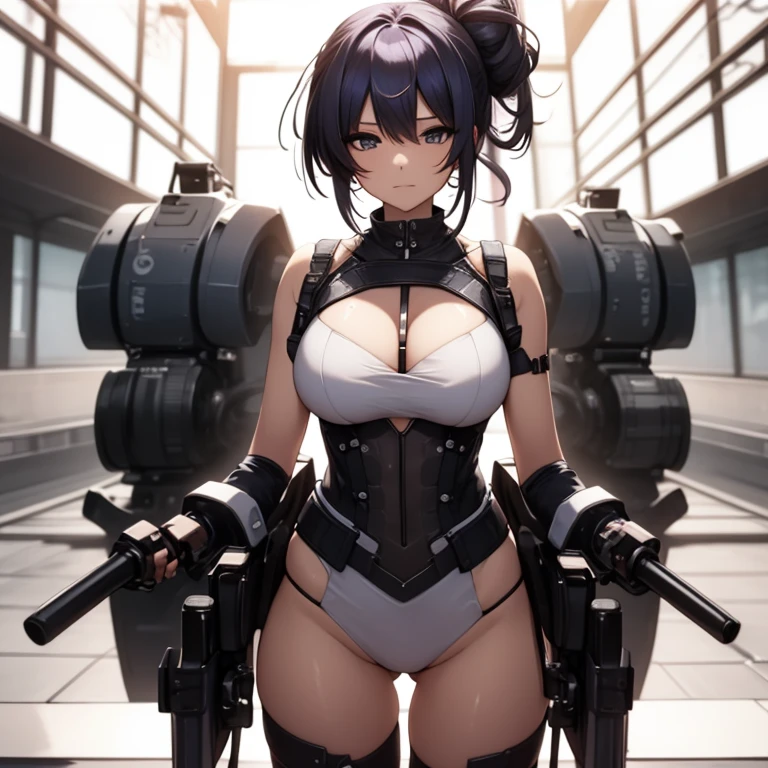 Absurd resolution, high resolution, (masterpiece: 1.4), hyper-detail, full body shot, full frontal camera perspective, solo, 1 kemono feline cat woman, humanoid, no skin other than neck and head shown, black hair, messy ponytail, cute face, detailed soft grey luminous eyes, huge massive hyper super swollen heavy breasts, breasts so big that cover her whole torso and are bigger than her head while being so big they reach her belly button, extremely super large swollen perky heavy bust, super huge enormously gigantic tits, gigantic breasts stretching/straining out of her outfit looking like they are about to burst out, breasts compressed squishing barely contained in outfit, inflated breasts, breasts_expansion, super gigantic swollen heavy tits, wide full hips, narrower torso and shoulders, smaller torso, narrower waist, full thicc big soft thighs, thicc thighs, big rounded full soft butt, thicc butt, ruggedized utility styled outfit, fully insulated suit, full body outfit coverage with no skin showing or revealed, airtight/watertight zippers and seals, scifi monochrome black and grey fullbody covering protective padding rugged loose-fitted pilot utility suit with strategically placed protective padding, white zipped utility cropped top for breasts support with a black strap horizontal across cleavage worn on top of suit, tactical strategic angular-patterned protective padding on hips and thighs and abdomen, practical/functional clothing, weather-proof durable clothing material, nylon clothing material, custom made clothing to fit and support large breasts, scifi padded rugged rigid high collar techwear jacket, armored high collar, white and black triangular decals and techwear iconography on apparel and clothing, techwear gloves, arm mounted strapped display scifi tablet/communication device/computer, ruggedized tech, ruggedized tech aesthetic, fitted utility pants, utility chaps, near future scifi, cyberpunk aesthetic, anime aesthetic, tactical aesthetic