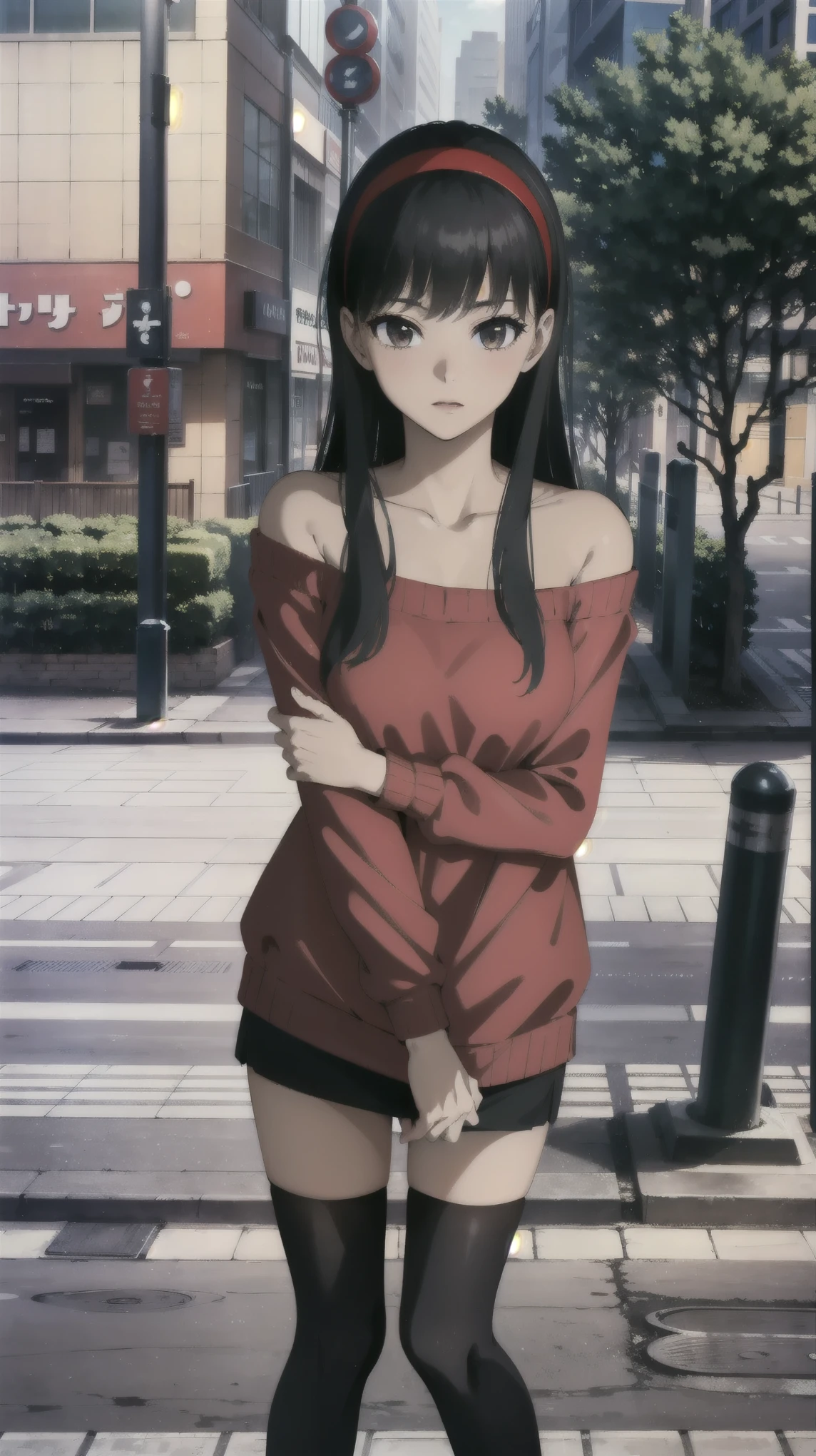   Watch Viewers , alone,
Yoforger, one girl,
  black hair,  long hair short hair,
 gray hair band,
 off the shoulder , red sweater,
 black panty hose ,
 Bbo~,
city, natural light,Outdoors,