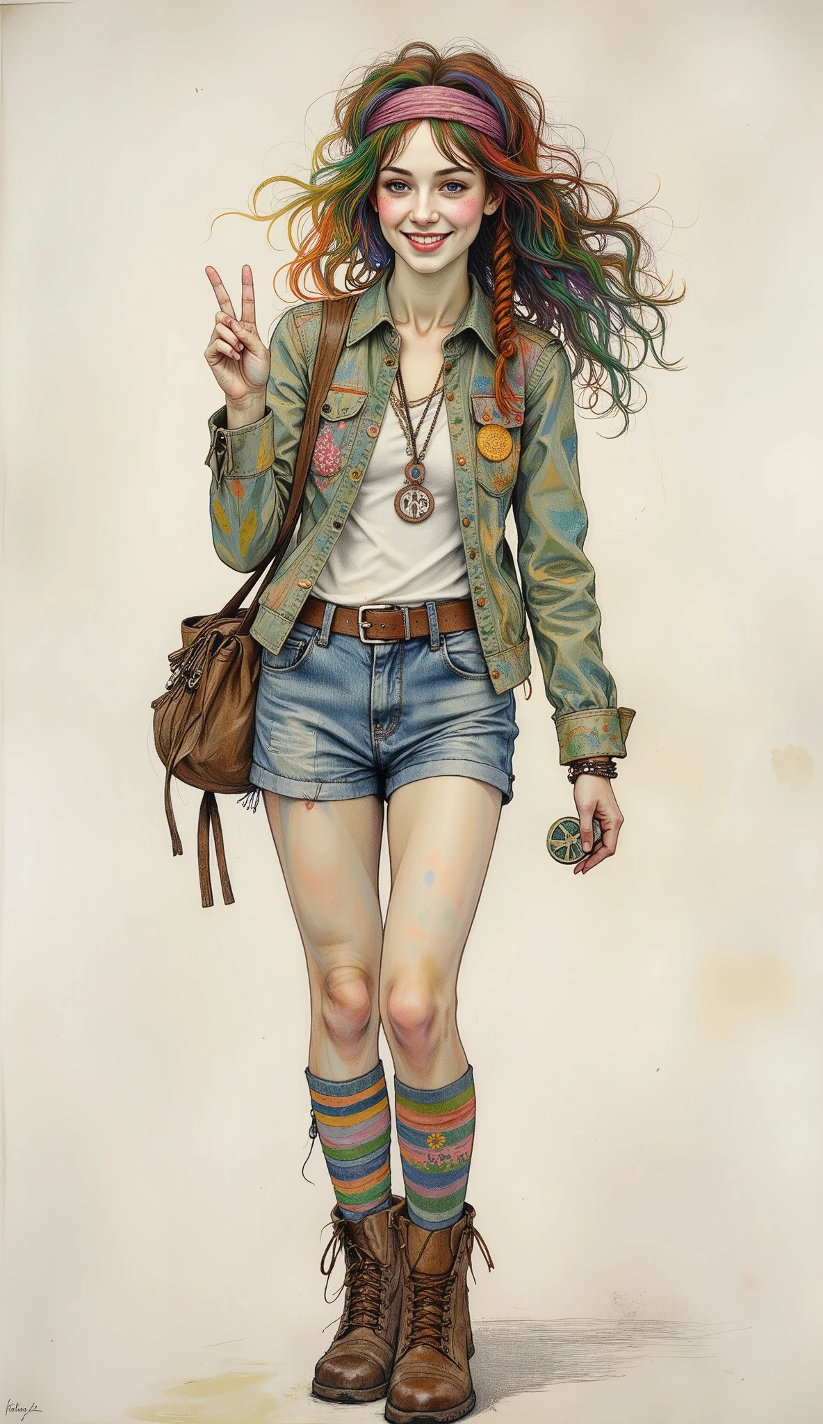 Anatomically correct , Wide shot,, drawing of a girl with a symbol of peace and a bag , a sketch in colored pencil inspired by Ammi Phillips , Conceptual Art Society, contest winner , fun and cheerful pose, smiling, Toyism, hippie girl, hippy, hippie chic, hippie fashion, hot summertime hippie, Flower Power Hippy from the 80s , colored with many colors , colored in , hippie, AniPnyXLQuality, (Negative_v2 Color_BALANCE_Calibration :0.8), ezNegativexl,