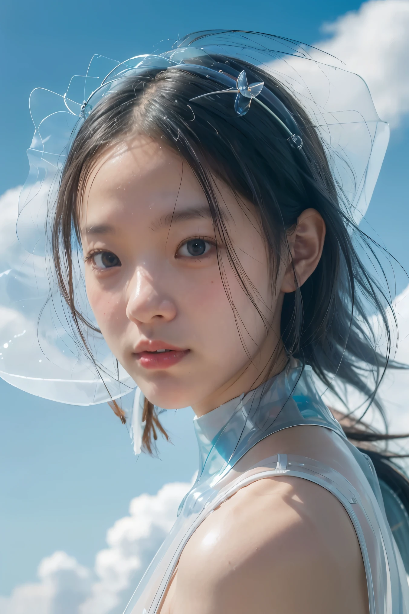 , sky, cloud, Translucent ethereal alien warrior,ModelShoot style, (Extremely detailed CG unified 8K wallpapers), The beauty of abstract stylization,,surrealism, 8K, Super detail, Best quality, Award-Awarded, Anatomically correct, 16k, Super detail