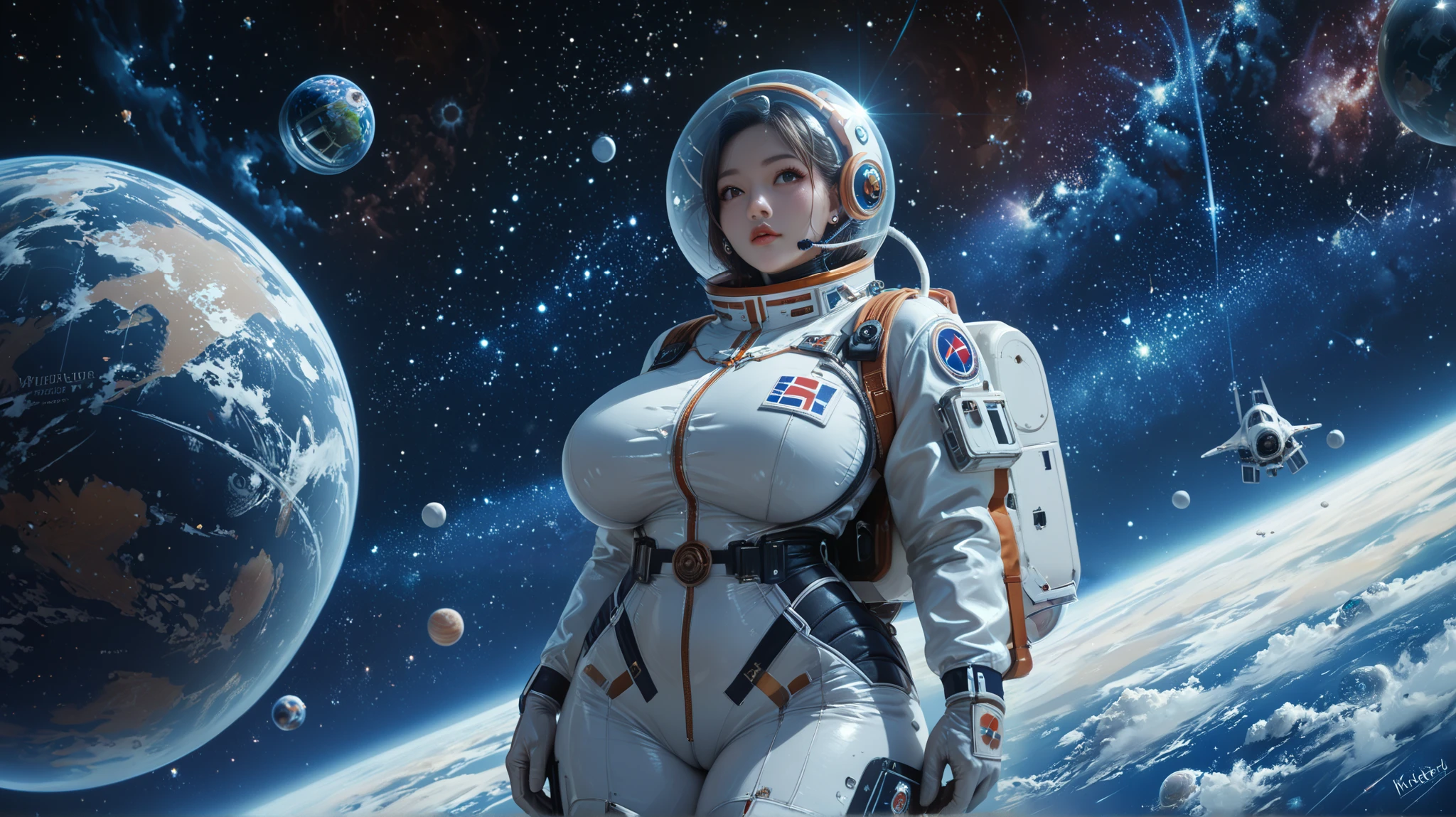 (   superior quality  , 8k,  masterpiece: 1.3), ((((((  huge breasts : 1.97)))), (    beautiful face  :1.3),  universe, Korean girl in her early 20s,   beautiful,   thick thighs, space, space suit, transparent helmet