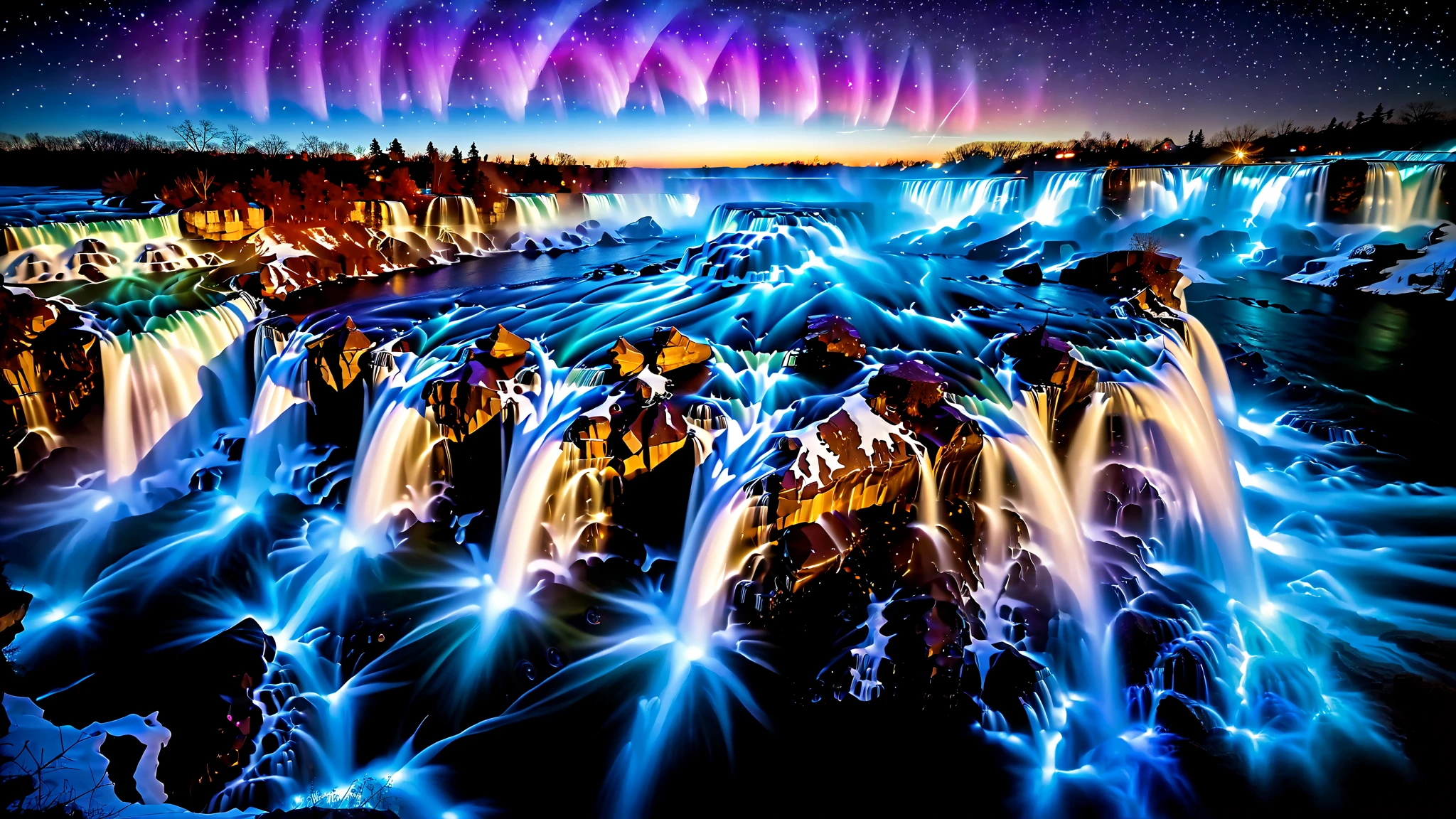 A masterpiece in 32K resolution ,   Top Quality ,   very detailed,  realistic expression,  high-resolution 32K wallpaper    ,  shot with a fisheye lens  ,  The flow of many layers of waterfall   , Niagara Falls ,  spectacular scale  ,A very high waterfall with  ,Bird&#39;s Eye View,  very detailedな特徴,   Amazing Details  .    spectacular waterfall that falls directly from the starry sky   ,   falling on metal   ,   shining cliff surface   .    sparkling blue and purple water   ,    The splashes of water are fantastic   .    bioluminescent flowers and trees 々 shining at the bottom of the valley 々 magazine in photos ,   Its Leaves Reflect the Light of Water  .    floating light that envelops the scene   ,    mysterious addition   ,    creates an otherworldly atmosphere    ., }  countless stars in the background   々 and galaxy clusters   ,Mysterious charm,   mystical atmosphere , fantastic atmosphere with splashes of water   ,
