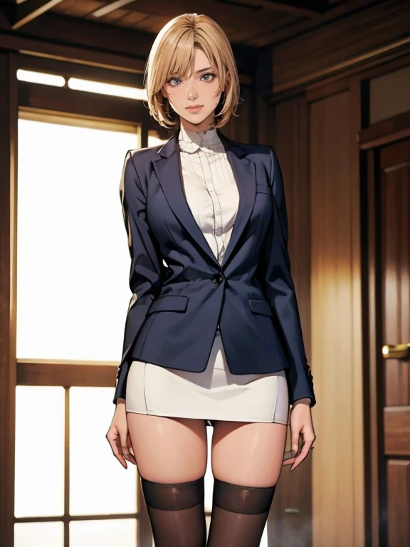 ((Correct Anatomy)),(Female student),((school uniform)),((Sailor suit)),((Lace panties)),(Mini Pleated Skirt),(((Black Pantyhose)),(stage),((Beautiful feet)),((Big Breasts)),Ultra-high resolution,Mature Woman, Mature Woman, Very detailed,Perfect hands, Detailed fingers, Beautiful details, ((Long blonde hair)),((ponytail)),loafers,Earrings,Embarrassing,Perfect Eyes, Captivating eyes,School