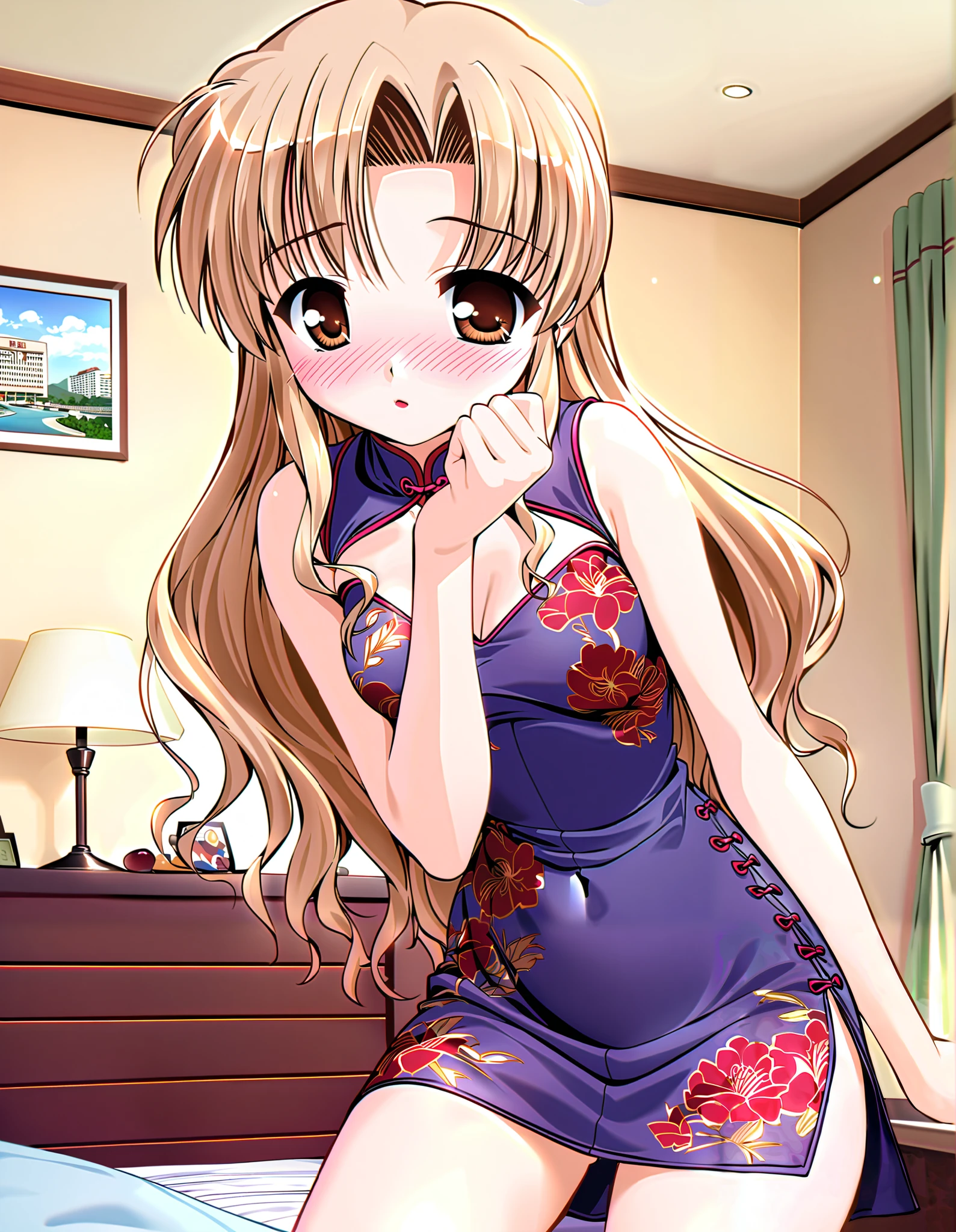 hozumi sayaka, Alone, one girl, (cowboy shot), long hair, brown hair, brown eyes, (wavy hair:0.7), blonde hair, Tiny Breasts , cleavage, (cheongsam dress), (Red cheeks:1.2), (shy:1.2), ( is fascinated:1.2), (bedroom), ( hotel:1.2), score_9, score_8_superior, score_7_superior, source_anime, (best quality:1.2), 細部までこだわったanime, high quality , full color, 8k, Hi-Res