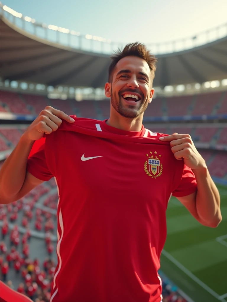 Create a BEARDLESS football player with straight hair, combed back, wearing a thin white men's sports headband, 17 year old tall white spanish guy with happy face wearing a red training vest, in a background with a training field along with other players in the background