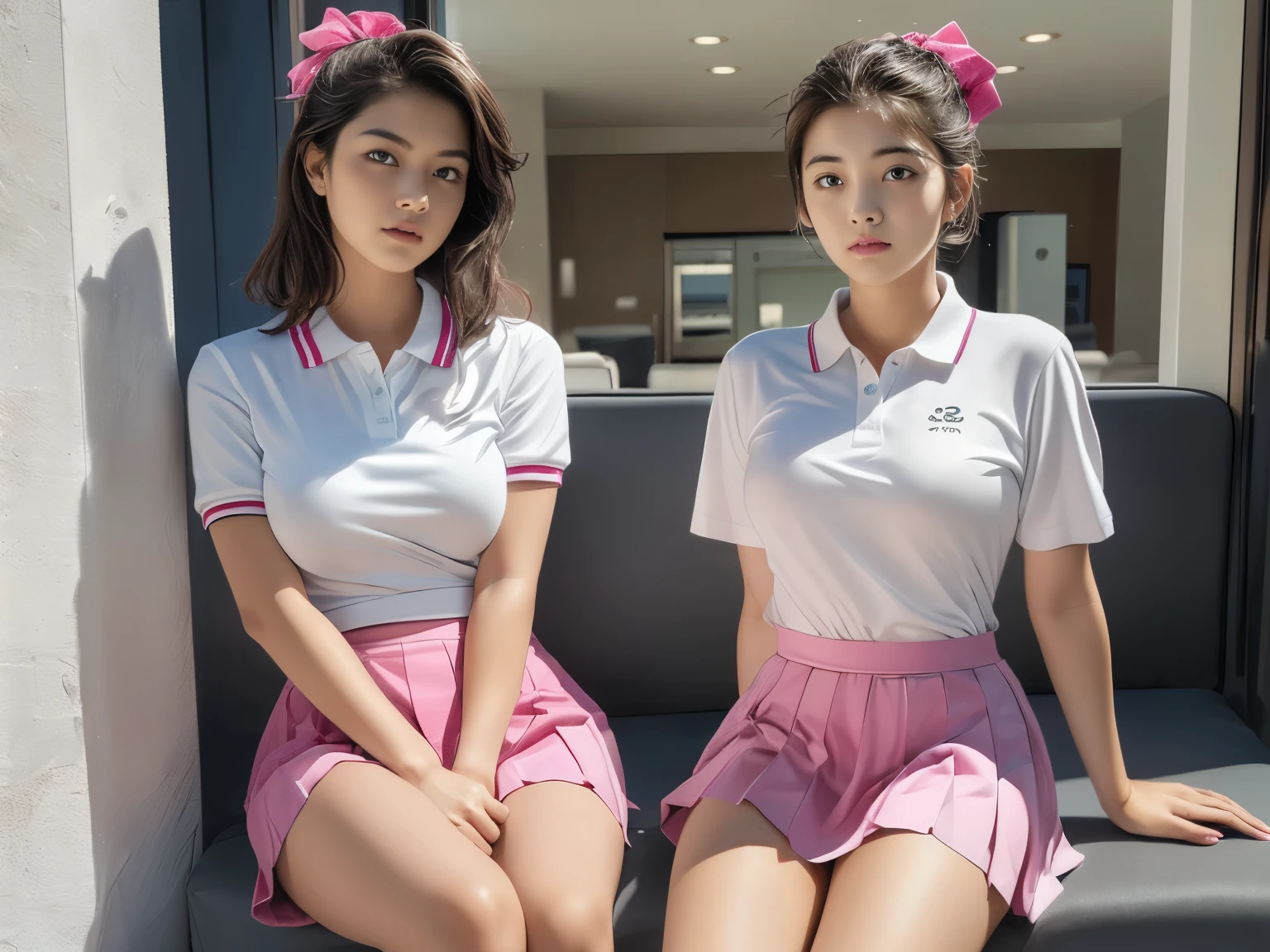 masterpiece, best quality, illustration, Super detailed, fine details, High resolution, 8K,wall paper, perfect dynamic composition,(Details High quality, realistic depiction of eyes:1.3), (2 girls), BREAK (white theme:1.4), (tucked-out short sleeve white polo shirt:1.4), (pink lines on tops outline:1.3), (pure white pleated mini skirt:1.3), (hem of top covers top half of skirt:1.3), (pink fluffy scrunchie on wrist:1.3), (white and pink sports shoes:1.2), sitting, open legs, short bob hair, in a hotel room in the background, deep on field, (large breasts:1.2), black hair color, Big Natural Color Lip, (perfect body shape), crying a little、Harajuku style、20 year old girl、cute type、beautiful legs, Gravure Idol