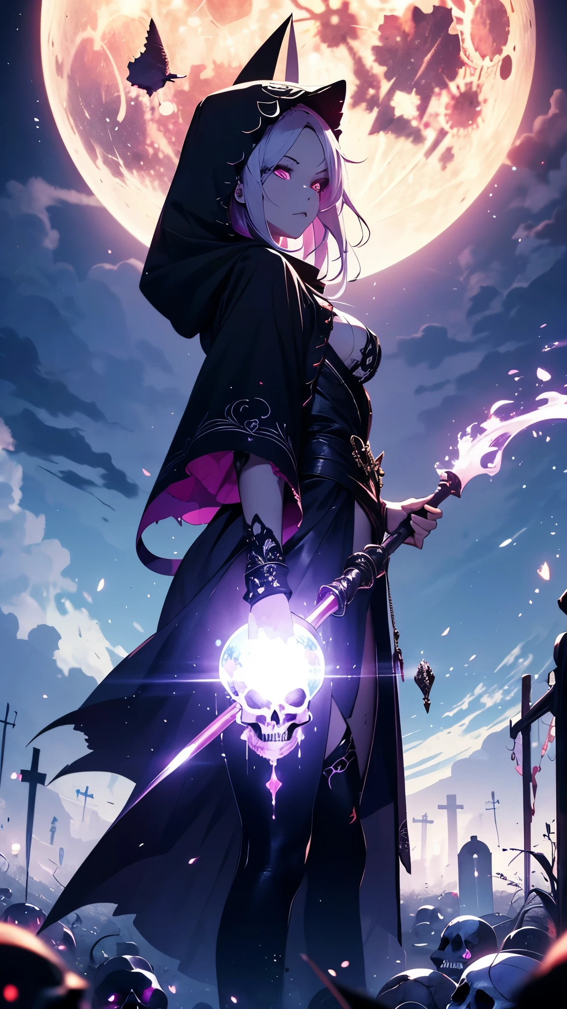 A female, legendary female necromancer with evil hooded, incredibly absurdres, award winning photography , extremely detailed, amazing, awesome, ultra detailed depictions artwork, fine detail,(from side, (looking down at you )), sense , cinematic shot, cool beauty, detailed sexy face, sharp eyes, , wearing a \(skulls devils evils\) robe , summoned hell, monsters around her, holding a long staff with glowing purple orb ,BREAK beautiful purple aura can be seen around her, ((glowing skulls), magical effects), (night cemetery in background, ultra detailed background, full moon in the sky ), the Death, the Grim Reaper,