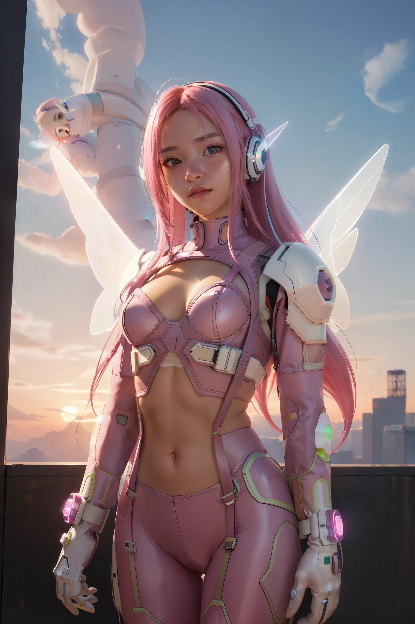 ((masterpiece, best quality, extremely detailed), volumetric lighting, ambient occlusion, colorful, glowing), 1girl, solo, young girl, (pink hair), long hair, halo, aura, sacred, godness, cyber suit, (white outfit:1.3), android, bot, angel wings, outdoors, sunset, sky, clouds, space, (cyberpunk theme:1.2),