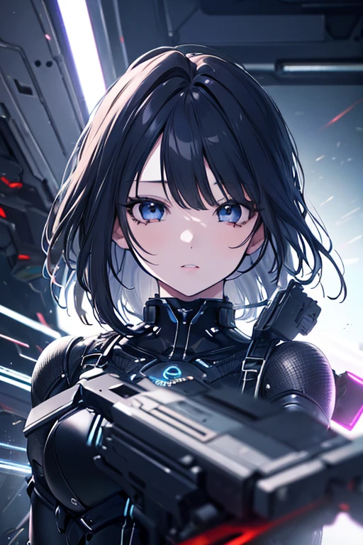 最high quality、best image quality、masterpiece、teenage girl((18-year-old、 By becoming、vest bust、medium bust,wide open breast tea、black eye, purple and red hair、Habitual hair、thin,highest valley、Have a smartphone、smug face、Holding a penlight、punk fashion)),high quality、beautiful art、background((Large PV studio、Red laser))debris flies、Depth of written boundary、movie、visual art、perfect art、8K,genuine
