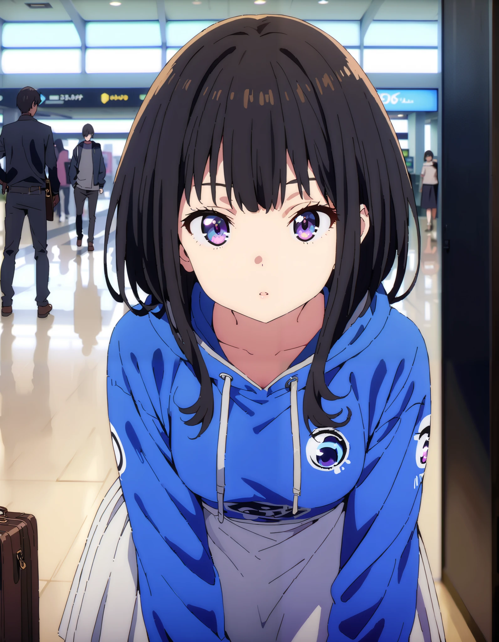  score_9,  score_8_ up the side,  score_7_ up the side,  source_Anime,
Takiuchikami,  check it out, long short hair , bob cut, bangs,   black hair,   purple eyes,
Blue oversized hoodie , white long skirt, Bbo~, suitcases, standing,whole bodyがイラストに入る入るように,
break indoors,airport,lobby,
break looking at viewer,whole body,
break ( Masterpiece:1.2), top quality , kampala, Unity 8k Wallpaper,(shape:0.8),(  fine, beautiful eyes  :1.6),It's a person ,whole body写真,CG Details , ( perfect hands, Complete Anatomy),