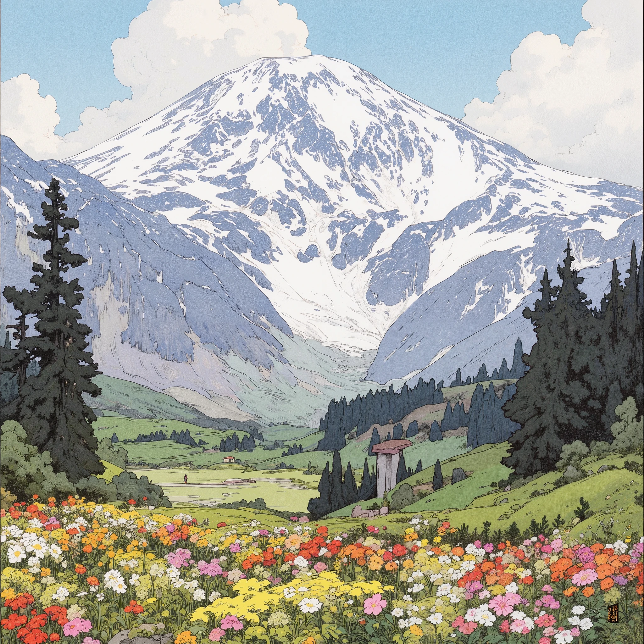 Takahara flower field, ，An art painting by Yang Jianjun ,  popular on Artstation , Simple Art, In the valley,  Snow Mountain , detailed painting 4k , Mountain View, 在 Snow Mountain 上, Landscape Art,  A tall, beautiful painting , Painted Landscape,   8K high-definition detailed oil painting ，Eerie Art , Amazing Art ,  Beautiful Art , Amazing Art 