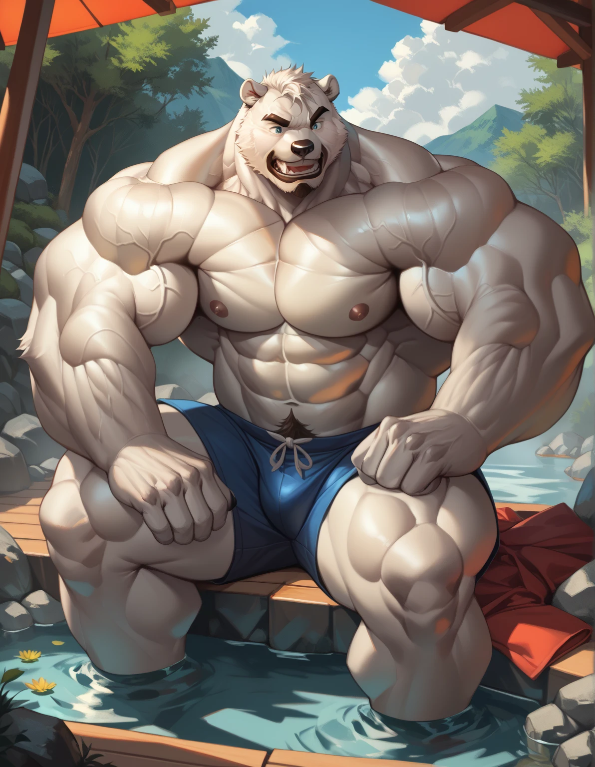 Solo, 1boy, a huge muscular furry Grizzly bear old man walking in sea, huge shoulder muscle, shirtless, muscle, strong man, strong bear, huge muscle, short hair, bearded, white hair and beard, massive body, black swim trunks, thick heavy brown fur, wrinkles skinned, strong muscle, strong and intimidated, masterpiece, muscular, five fingers, correct anatomy, commission for high res, male, fantasy art, very very beautiful art, art painting , painting art,