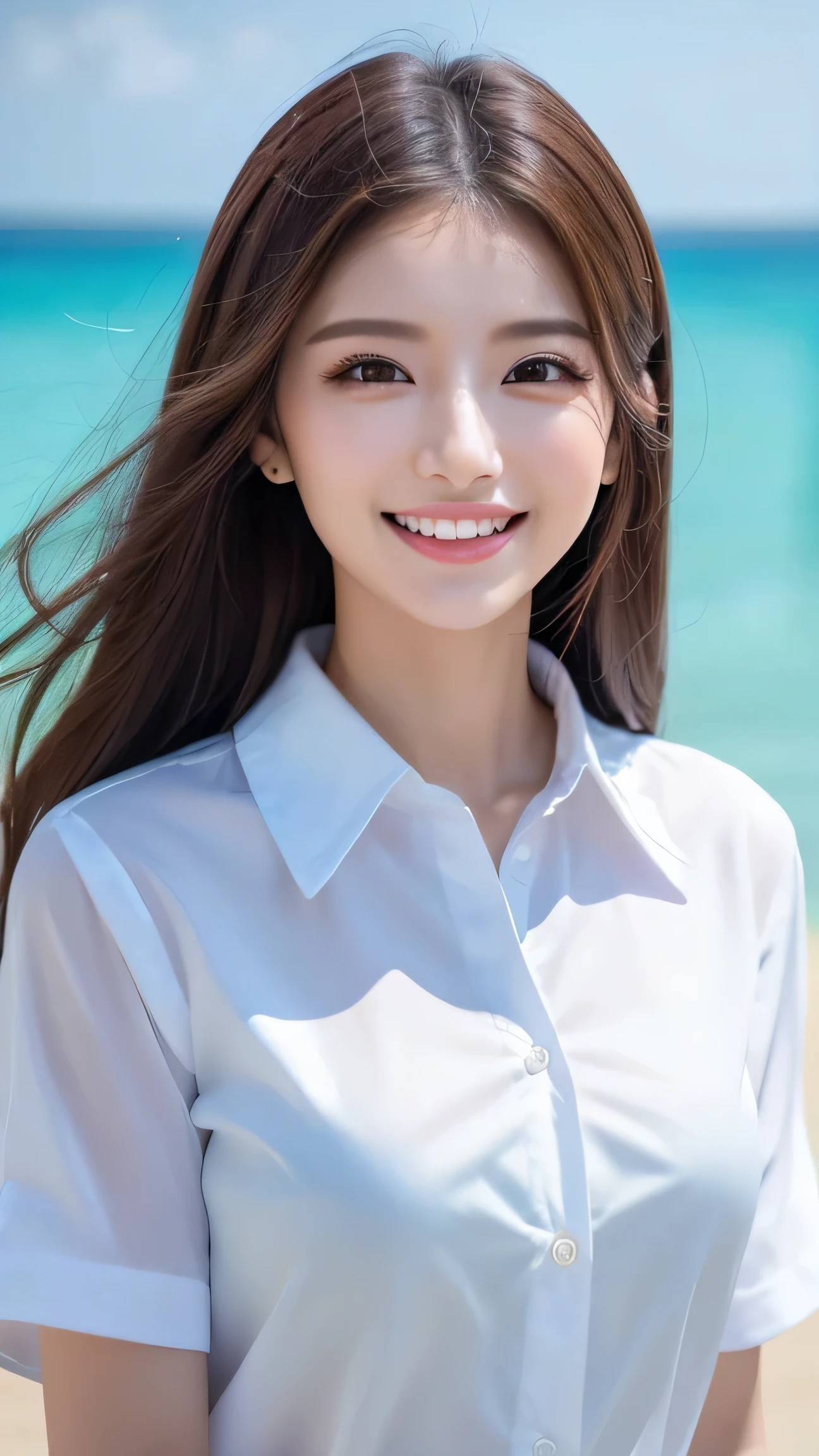 (8k、highest quality、masterpiece、超A high resolution、High resolution face:1.3)、Portrait、(20-year-old girl:1.3)、Bokeh Depth of Field、frontage、 The smile of a genius、Ultra-detailed、Ultra-high resolution、(Realistic、Realistic photos:1.37)、High-resolution RAW color photos、Professional photography、hVery detailed and beautiful、Very detailed、8k Picture Wallpaper、Incredibly detailed、Large file size、Official Art、HVery detailed CG Unity 8k wallpapers、hVery detailed beautiful girl、Very detailed顔、Very detailed目、Very detailed皮膚、Very detailed指、hVery detailed nose、Very detailed詳細な口、Perfect Anatomy、HVery detailed clothing、1 girl、(18:1.2)、Teen、cute、Famous Japanese Idols、cute、Realistic body、、White skin、Glowing Skin、The body is slim、Handsome body、Brown haired、(Blunt bangs:1.2)、Classic wavy long hair、 (Hmph:1.3),Laughter、cute、Zola々right、cute faces、A vivid face、Delicate eyes、Source Order、White T-shirt、Skirt、Looking at the camera、Cowboy Shot、Along the River、Positive、Contrapo、public