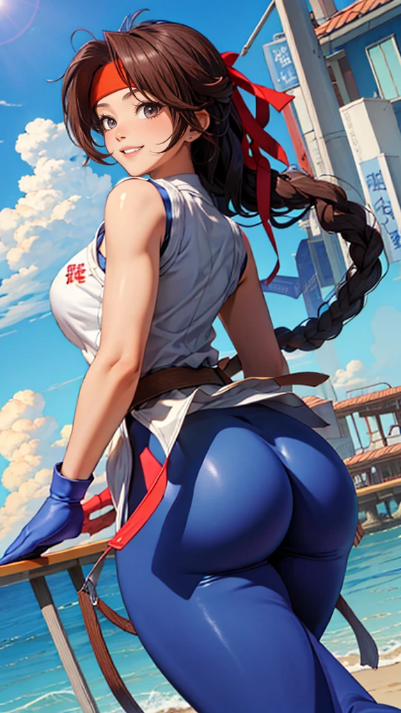 (masterpiece、top-quality、hight resolution、Unity 8k、extremely details CG:1,Best Picture),A female thief in a frisking position, complying with police orders. She is standing facing a wall, with her hands up against the wall and feet spread apart. The perspective is from behind her, showing only the female thief and the background. The background suggests an urban environment, possibly an alley or crime scene, but the focus is on the female thief and her compliant posture. red ribbon, hairband, women, small breasts, nsfw, (looking away, from behind),((bottomless,pussy))