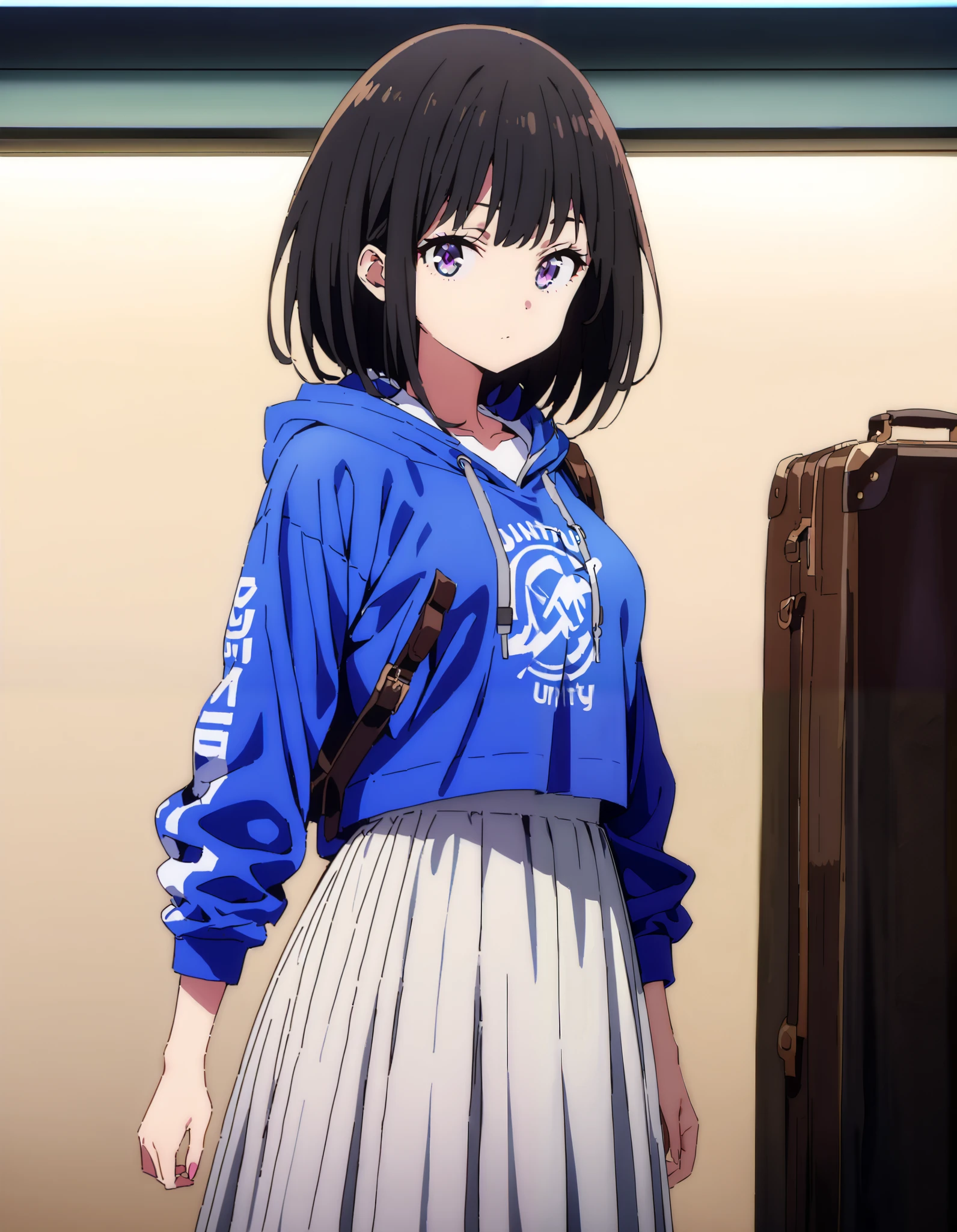  score_9,  score_8_ up the side,  score_7_ up the side,  source_Anime,
Takiuchikami,  check it out, long short hair , bob cut, bangs,   black hair,   purple eyes,Medium breast,Blue oversized hoodie , white long skirt, Bbo~, suitcases, standing,whole bodyがイラストに入る入るように,
break indoors,airport,lobby,
break looking at viewer,whole body,
break ( Masterpiece:1.2), top quality , kampala, Unity 8k Wallpaper,(shape:0.8),(  fine, beautiful eyes  :1.6),It's a person ,whole body写真,CG Details , ( perfect hands, Complete Anatomy),