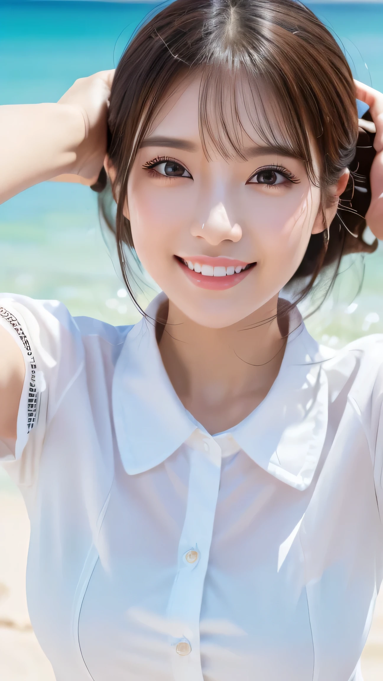 (( top quality、 Table Top、8k、 best image quality、 Extremely Complex and Detailed ))、(1 person photo:1.1)、( look at me with the best smile :1.1)、( beautiful beach:1.1)、( white polyester short sleeve collared shirt:1.1)、(The perfect short sleeve collared shirt:1.1)、 fits and emphasizes her body type 、 The most natural and perfect sea background 、The most beautiful and clear sea、( they are suffering :1.1)、( Face Up :1.2)、glamorous body、 hair that flutters like 、sandy beach、 beautiful ocean、The clearest and most shining sea、Complex sea light、The most detailed and realistic ocean、 It depicts every detail of Beautiful Ocean.、(Very brightly lit face:1.2)、Ultra high definition beautiful faces 、( super high resolution perfect beautiful teeth :1.1)、 ultra HD hair 、 ultra high definition sparkling eyes 、( Super Hi-Res Glowing Pure White Skin:1.2)、 Super Quality Shiny Lips、 Cutest Gravure Poses 、(Very bright and vivid:1.2)、(Very bright:1.2)、(Very refreshing:1.1)、(Beautiful glowing white skin:1.2)、(Very strong exposure:1.2)、(Pure white skin that shines Very brightly:1.2)、(Very strong highlights:1.2)、(Very bright and glowing skin:1.2)、 blurry background indoors, big breasts