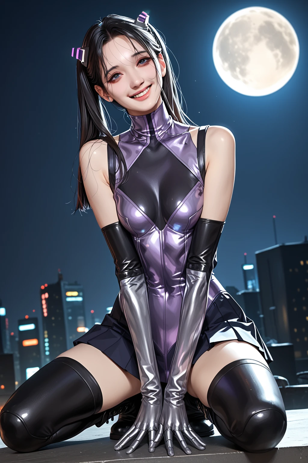 Allalyn in shiny purple cat suit sitting on the floor, latex shiny, wearing atsuko kudo latex outfit, wearing tight suit, smooth purple skin, Purple body, shiny metallic glossy skin, shiny plastic, futuristic glossy latex suit, shiny plastic armor, shiny glossy skin, tight full body suit, Wearing latex, shiny and metallic, Glowing purple, Glossy　open one's legs　M-shaped legs　angry expressions　sullenness