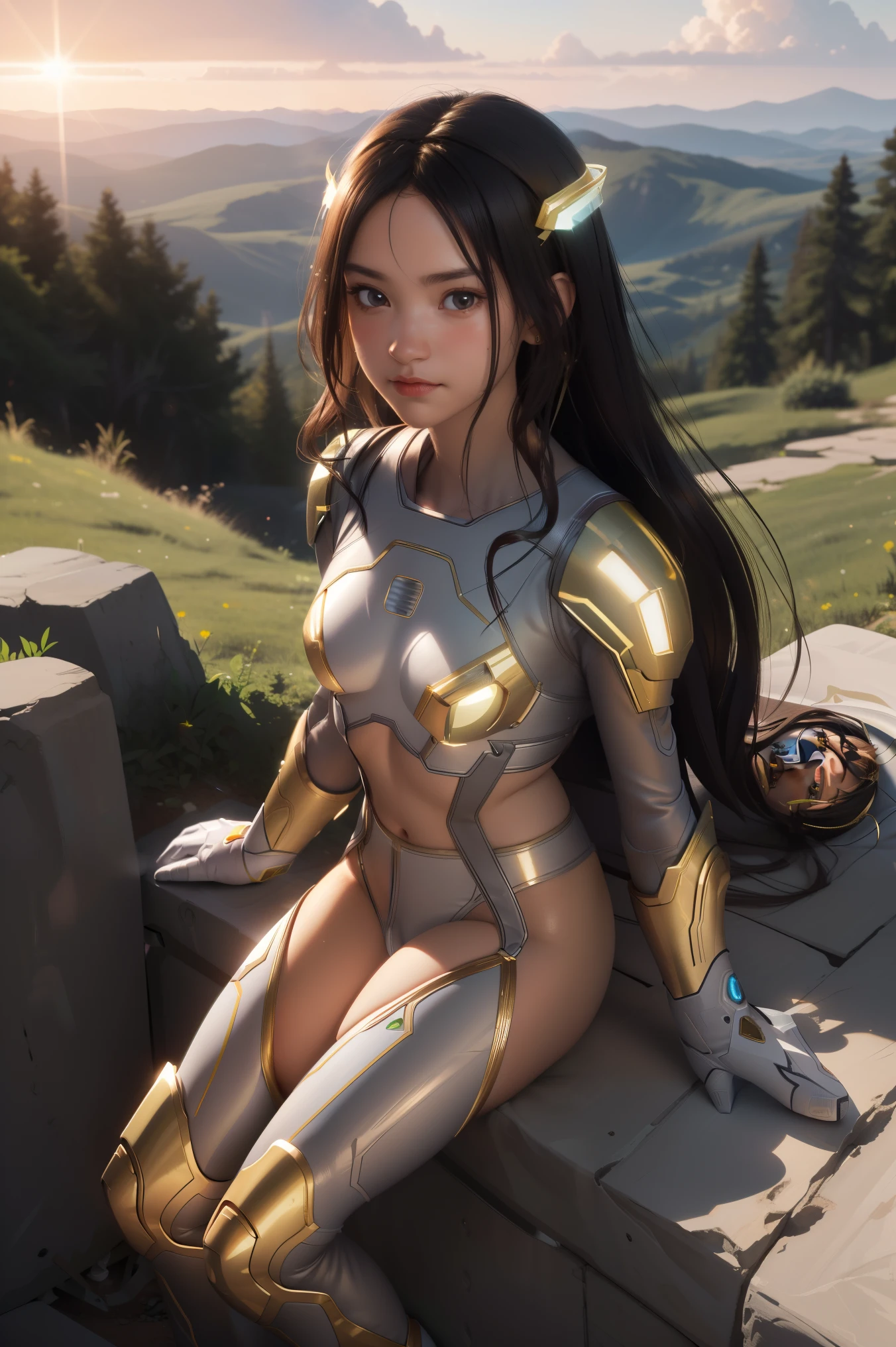 ((masterpiece, best quality, extremely detailed), volumetric lighting, ambient occlusion, colorful, glowing), 1girl, solo, young girl, (dark hair), long hair, halo, aura, sacred, goddess, cleric suit, (white outfit with gold detailst:1.3), armor, outdoors, sunset, sky, clouds, space, (fantasy theme:1.2),ม 1girl, full body, Illustration, cinematic light, high resolution, best quality, ultra-detailed, masterpiece, power suit, powerranger, suit, spd,