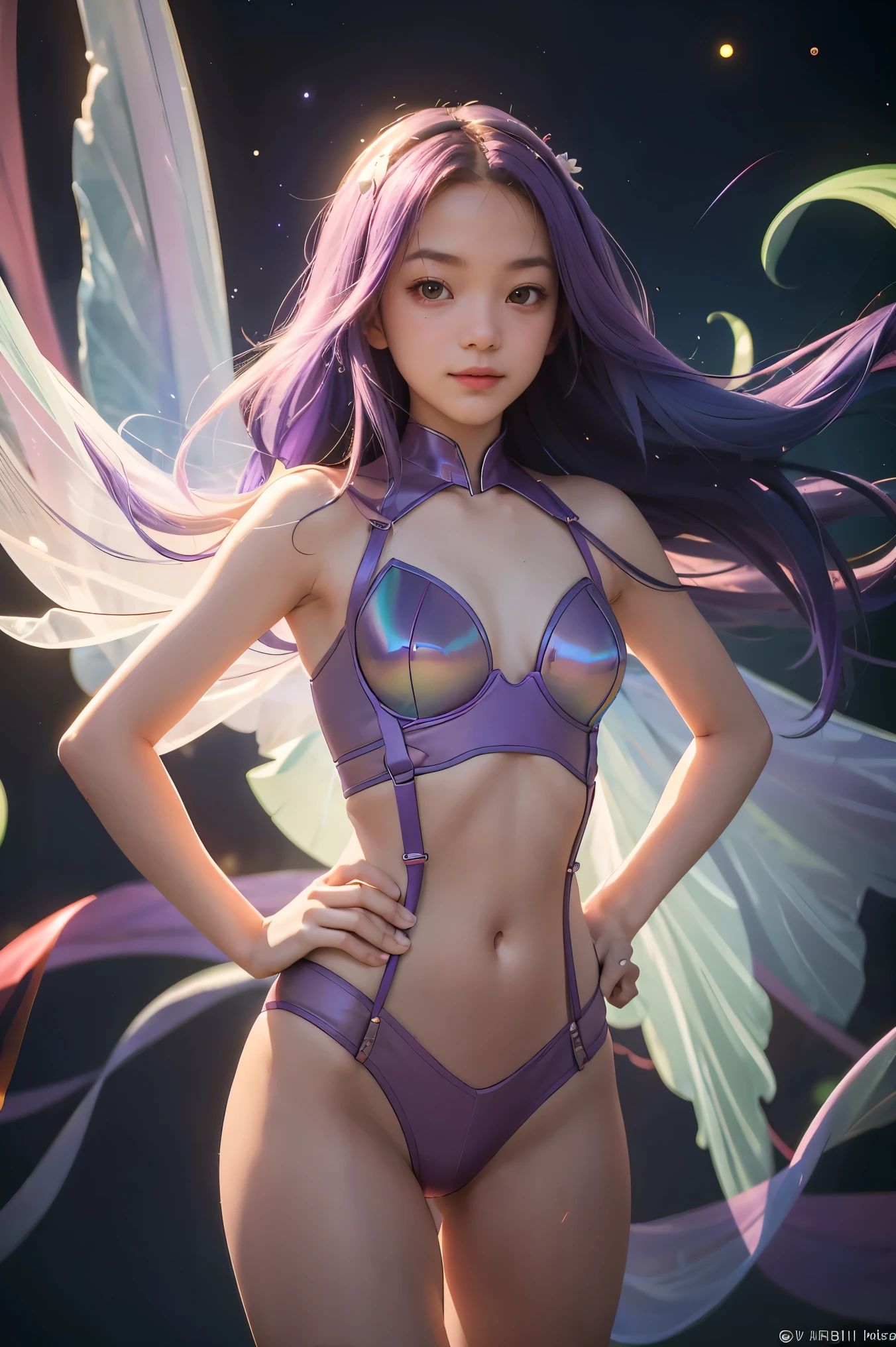 Masterpiece, best quality, 1girl, with long flowing iridescent hair in shades of purple, blue, and green, wearing a sleek crimson red string lingerie together with crotch-less G-string outfits, standing in a dramatic pose with one hand on her hip and the other holding a glowing, magical crystal ball. In the background, a swirling vortex of light and energy adds to the mysterious and enchanting atmosphere of the scene. glow hair, multicolor hair