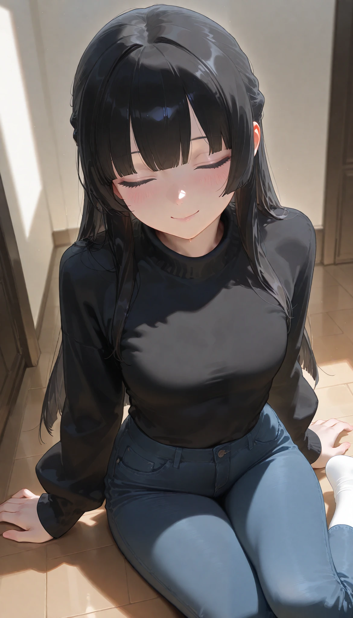 ( top quality), ( more), ( best picture ), (masterpiece),  A beautiful mature woman with a feminine body ,  perfect body ratio,  very small hair , very small face,  perfect anatomy ,  Anatomically Accurate ,  Ideal Proportion Body Proportion,  perfect body ,  perfect style, Perfect balance,  Delicate Facial Features ,  beautiful detailed women ,  very detailed face , Half updo,  realistic beautiful face, realistic beautiful eyes, medium chest, slender, Pink-colored white skin , (black hair, hime cut, Medium-length Hair),  blush, Warm black winter jumper , Black warm long-sleeved winter black sweater , long denim jeans , white socks, feet out of frame, close eyes. smile. I'm sitting on the floor in a corner of my room where the lights have been turned off. Indoor.