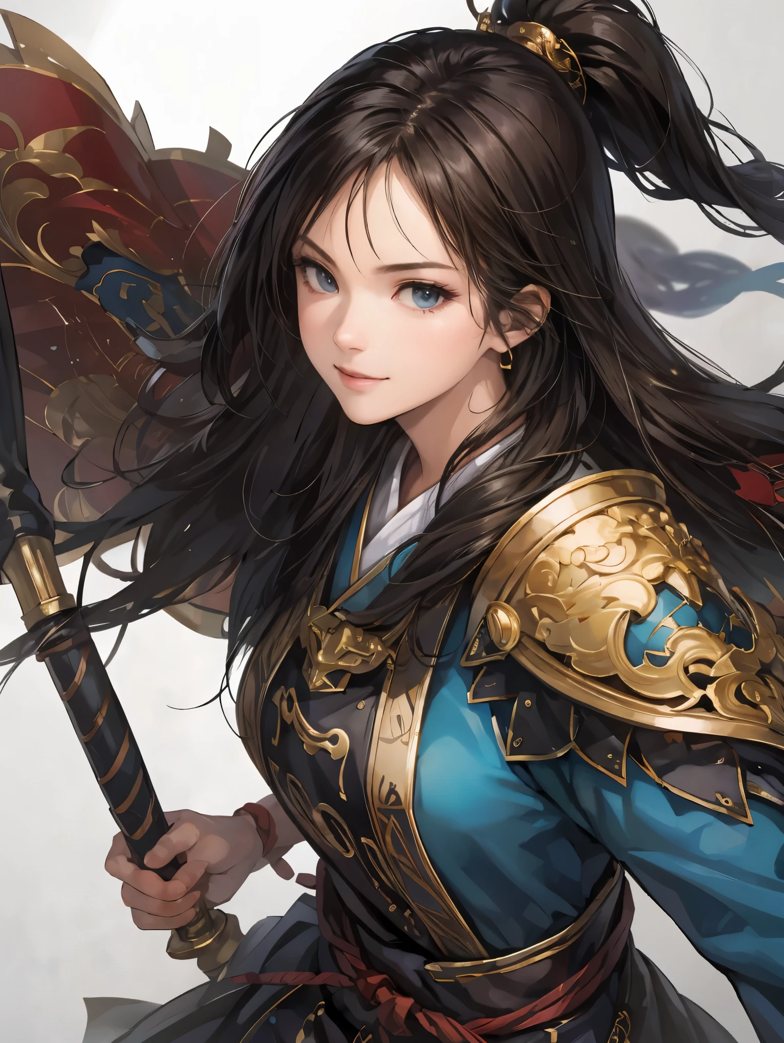 beautiful woman with dark hair :1.3, Gruvitz-inspired artwork , Hanfu,(( pure white background )), ( Top Quality), handsome, and blue odango hair , 2. 5d cgi Fantasy Artwork , Detailed Digital Art, Extremely Great Work , fan art best art station , (Velvet Long Cape ),( Suetsu:1.2)( Expressionless ), exquisitely drawn hand 、 I'm putting my hands on my back, facing forward、Chinese Armor, waist up、 one woman、 Thin Smile 、 wearing a sword through the blank space ,